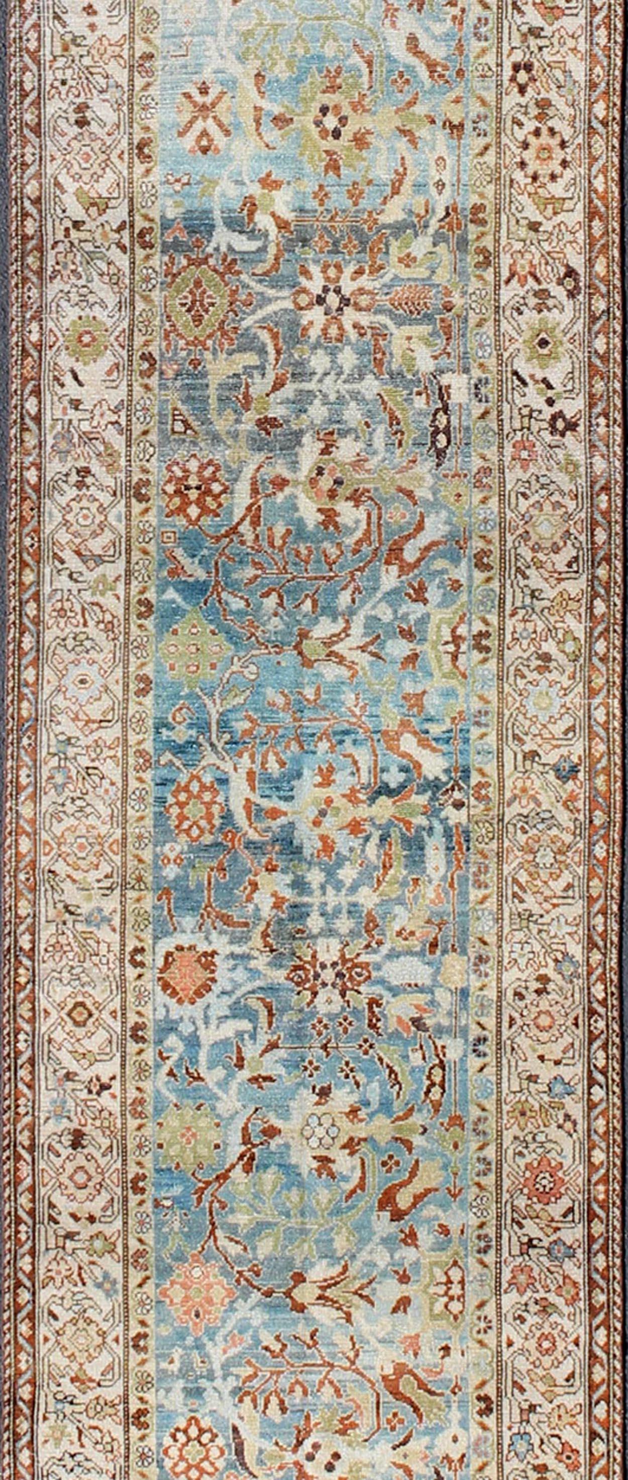 Hand-Knotted Intricate Floral Design Antique Persian Malayer Runner in Blue, Ivory, Peach For Sale