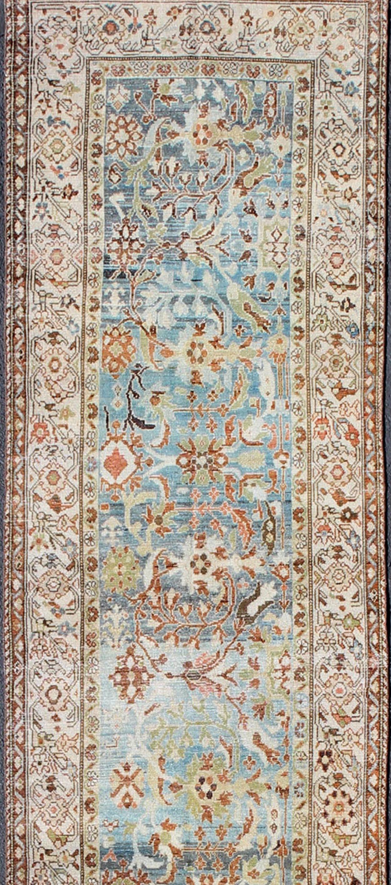 Intricate Floral Design Antique Persian Malayer Runner in Blue, Ivory, Peach In Good Condition For Sale In Atlanta, GA
