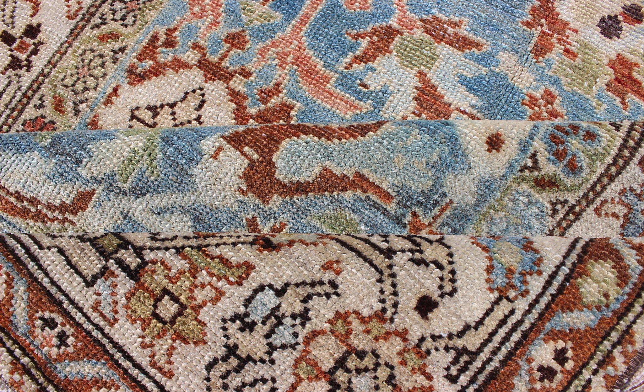 Early 20th Century Intricate Floral Design Antique Persian Malayer Runner in Blue, Ivory, Peach For Sale