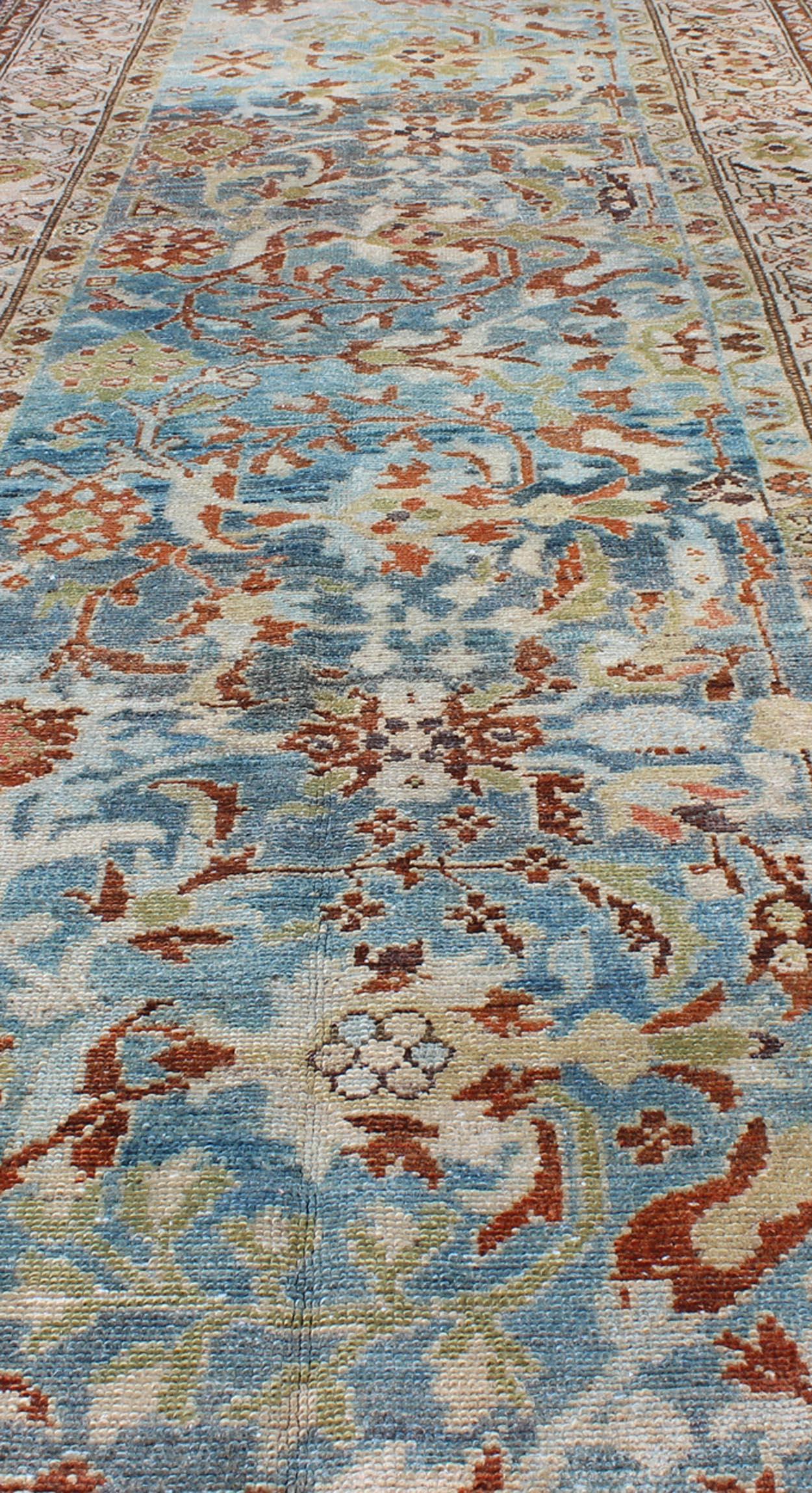 Wool Intricate Floral Design Antique Persian Malayer Runner in Blue, Ivory, Peach For Sale
