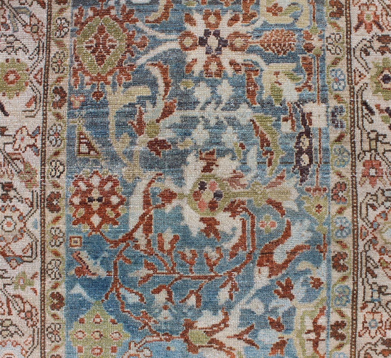 Intricate Floral Design Antique Persian Malayer Runner in Blue, Ivory, Peach For Sale 1