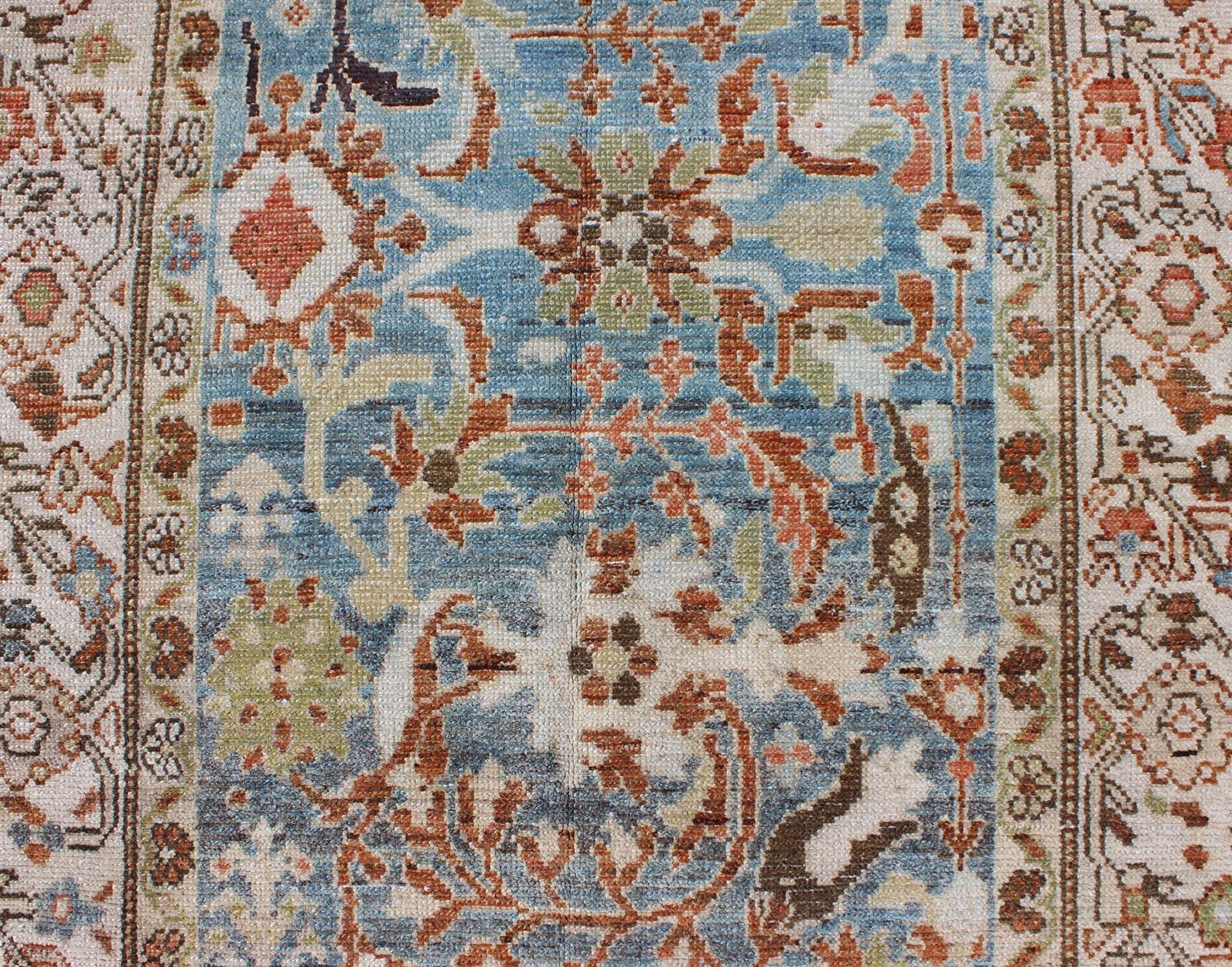 Intricate Floral Design Antique Persian Malayer Runner in Blue, Ivory, Peach For Sale 2
