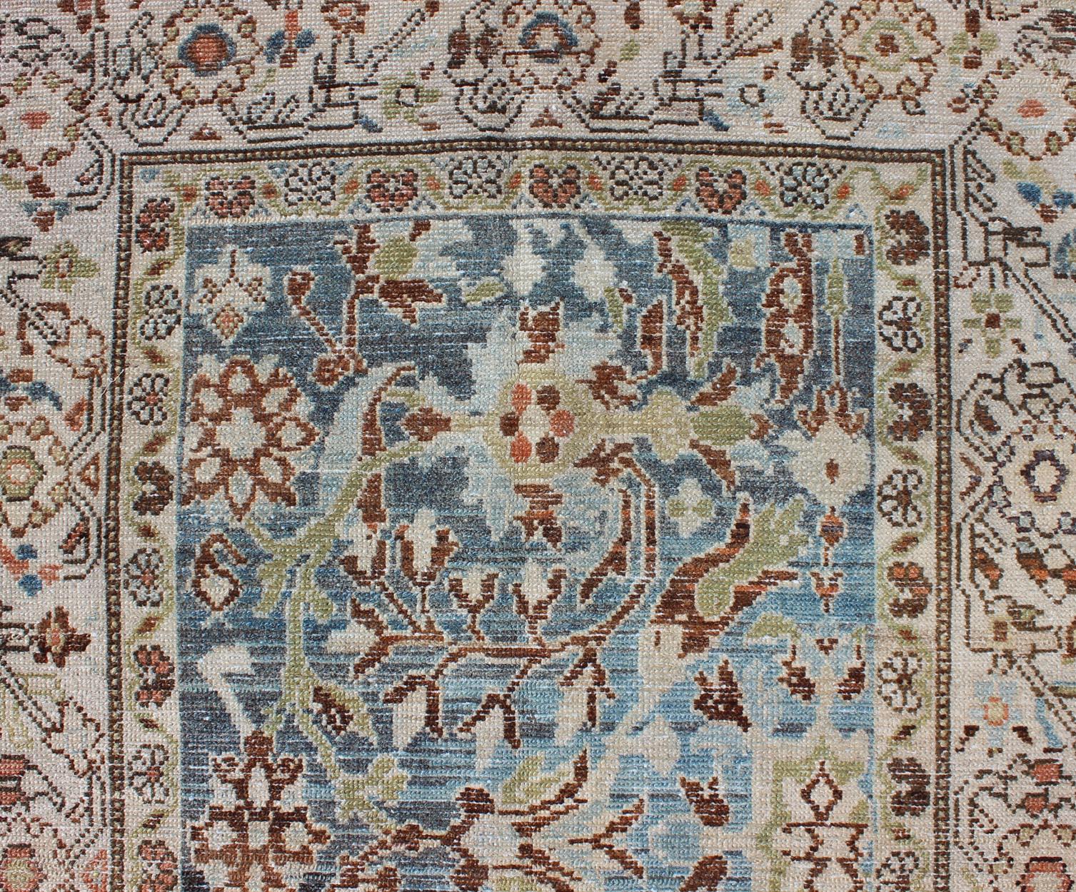 Intricate Floral Design Antique Persian Malayer Runner in Blue, Ivory, Peach For Sale 3