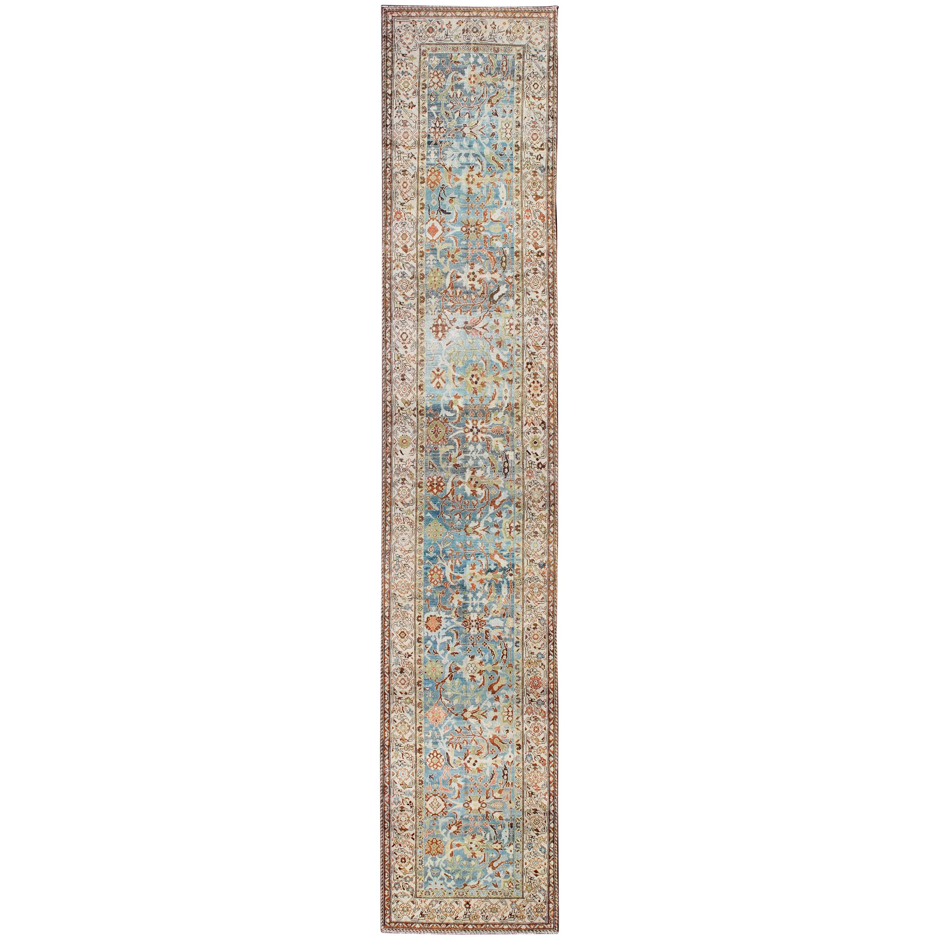 Intricate Floral Design Antique Persian Malayer Runner in Blue, Ivory, Peach For Sale