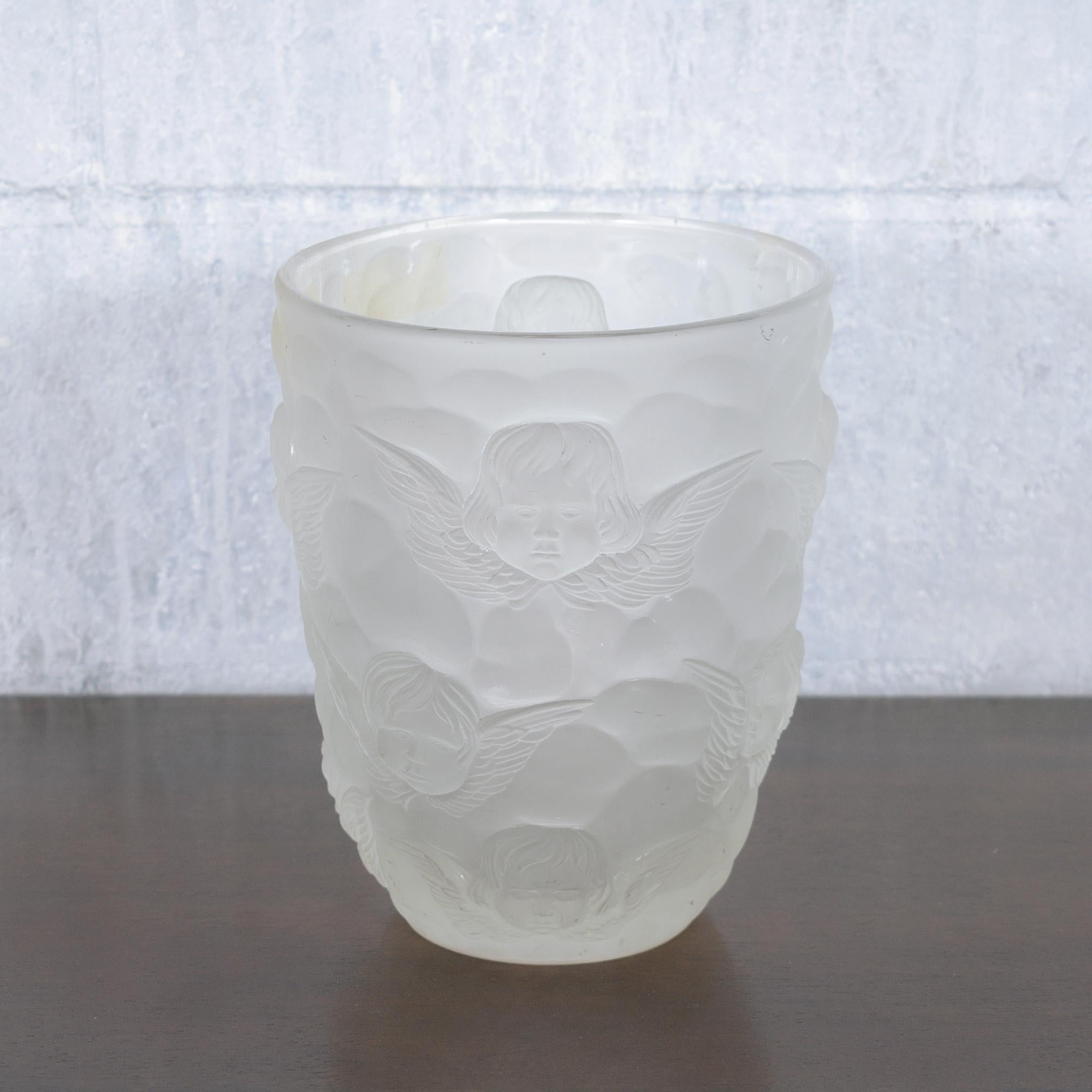Cherub-Relief Frosted Glass Vase: Artistic Elegance for Home or Collection For Sale 3