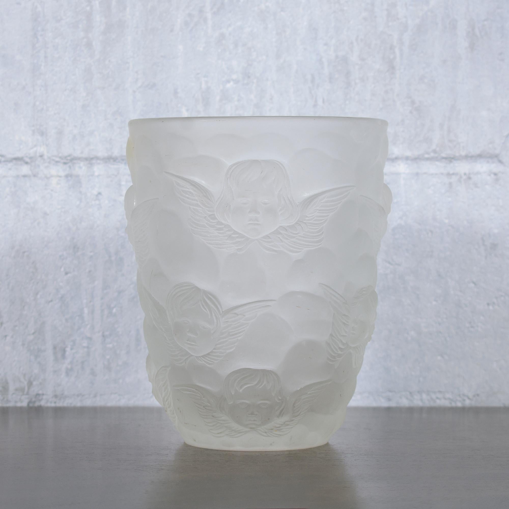 Cherub-Relief Frosted Glass Vase: Artistic Elegance for Home or Collection For Sale 4