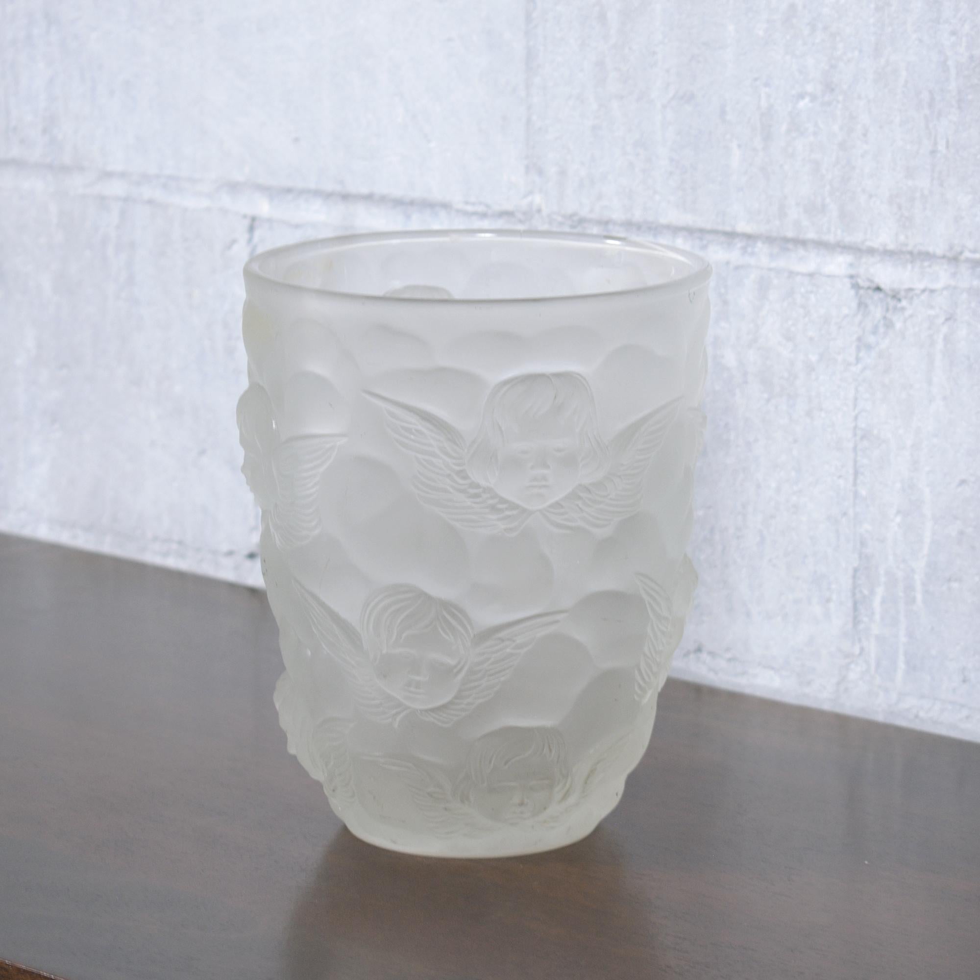 French Cherub-Relief Frosted Glass Vase: Artistic Elegance for Home or Collection For Sale