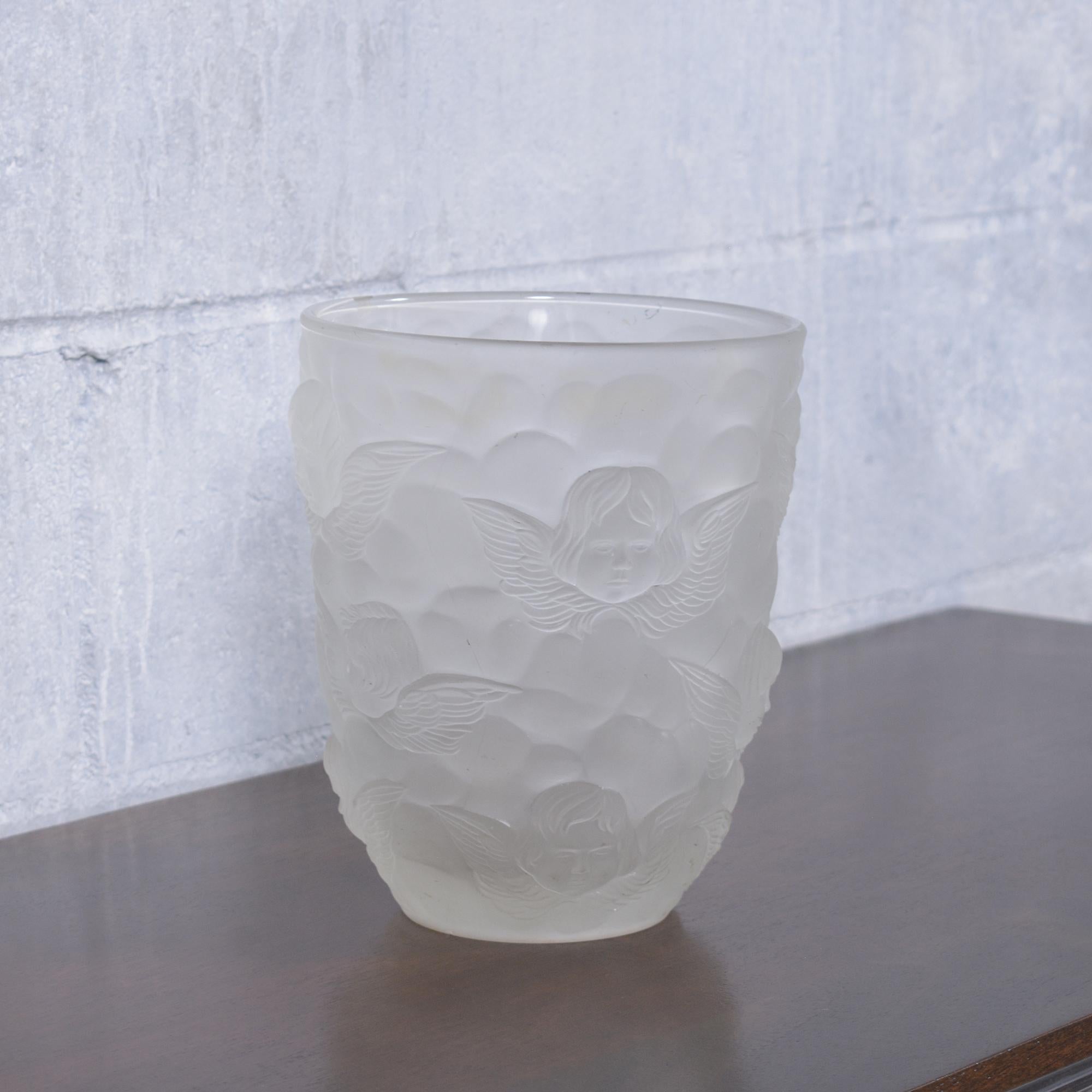 Etched Cherub-Relief Frosted Glass Vase: Artistic Elegance for Home or Collection For Sale