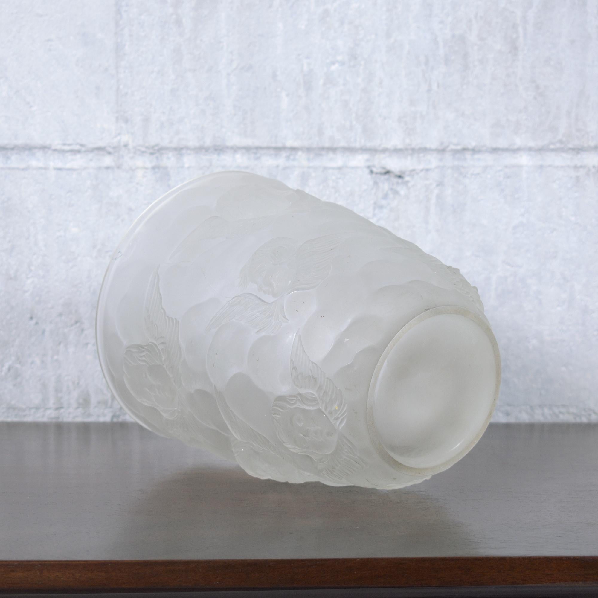 Cherub-Relief Frosted Glass Vase: Artistic Elegance for Home or Collection For Sale 1