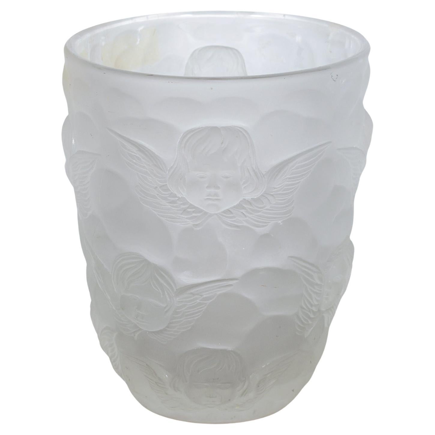 Cherub-Relief Frosted Glass Vase: Artistic Elegance for Home or Collection For Sale