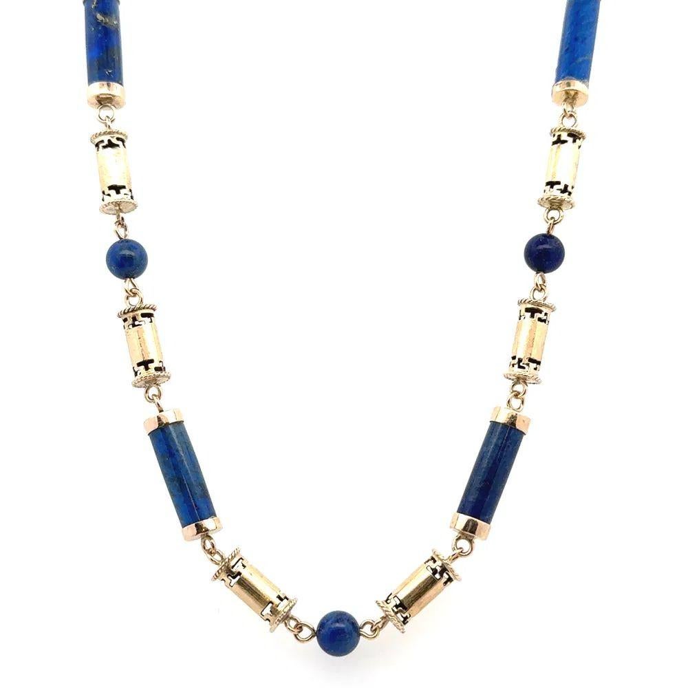 Tout simplement magnifique ! Classique et Chic Vintage Long Collier de Barres d'Or complexes, intercalé avec du Lapis Lazuli. Magnifiquement réalisé à la main en or jaune 14K. Mesurant environ 30