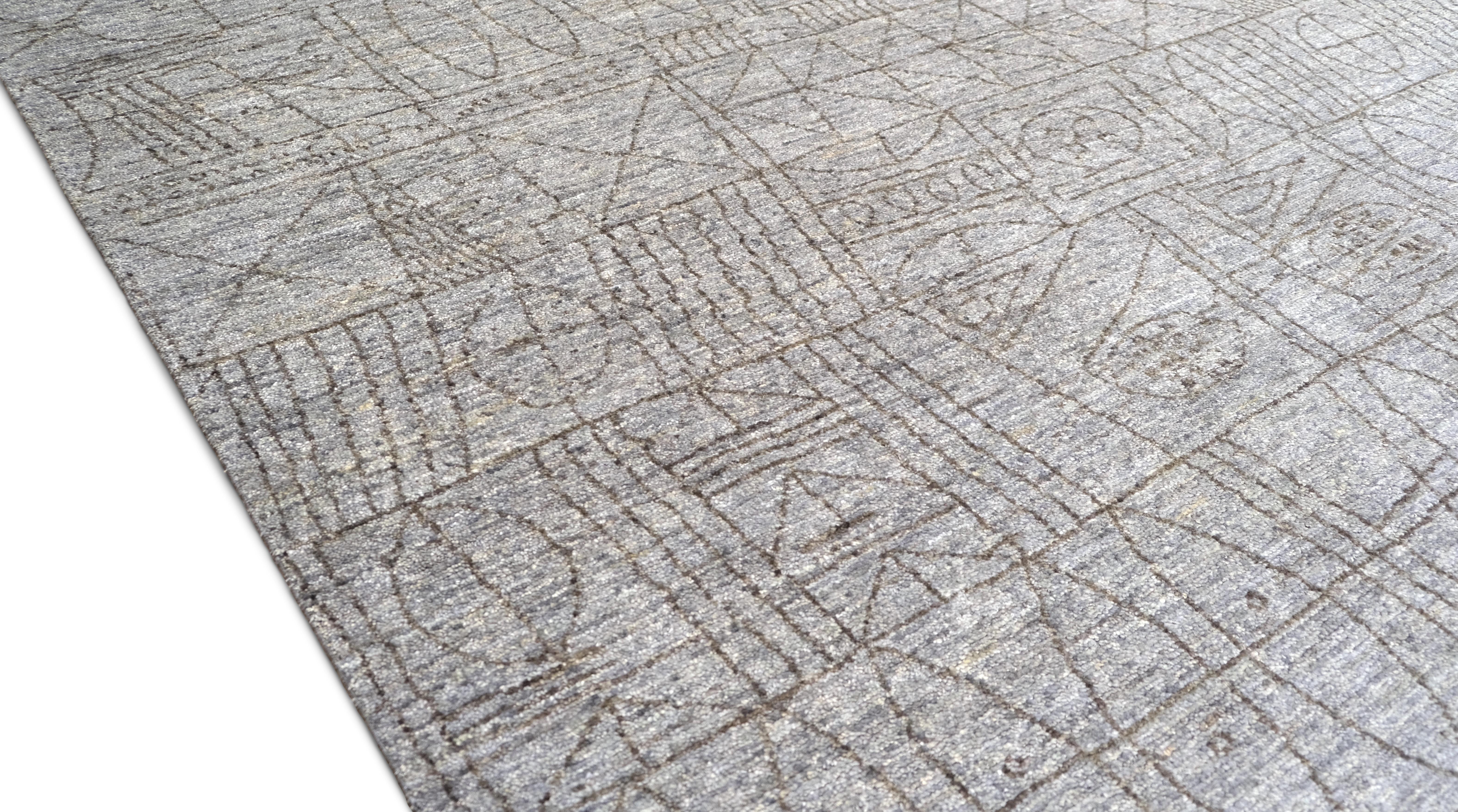 Organic Modern Intricate Grey Abstract Geometric Patterned Wool Rug 9'x12' For Sale