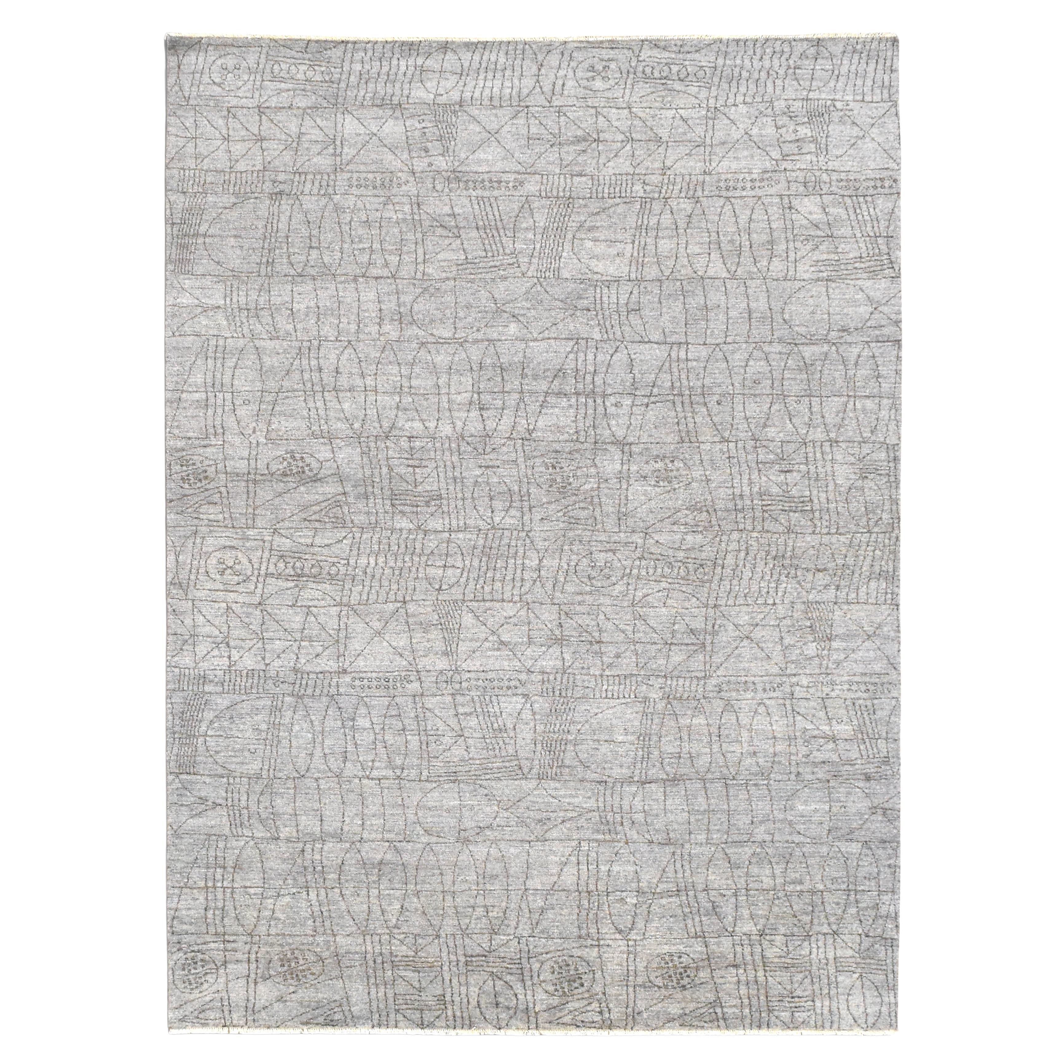 Intricate Grey Abstract Geometric Patterned Wool Rug 9'x12'