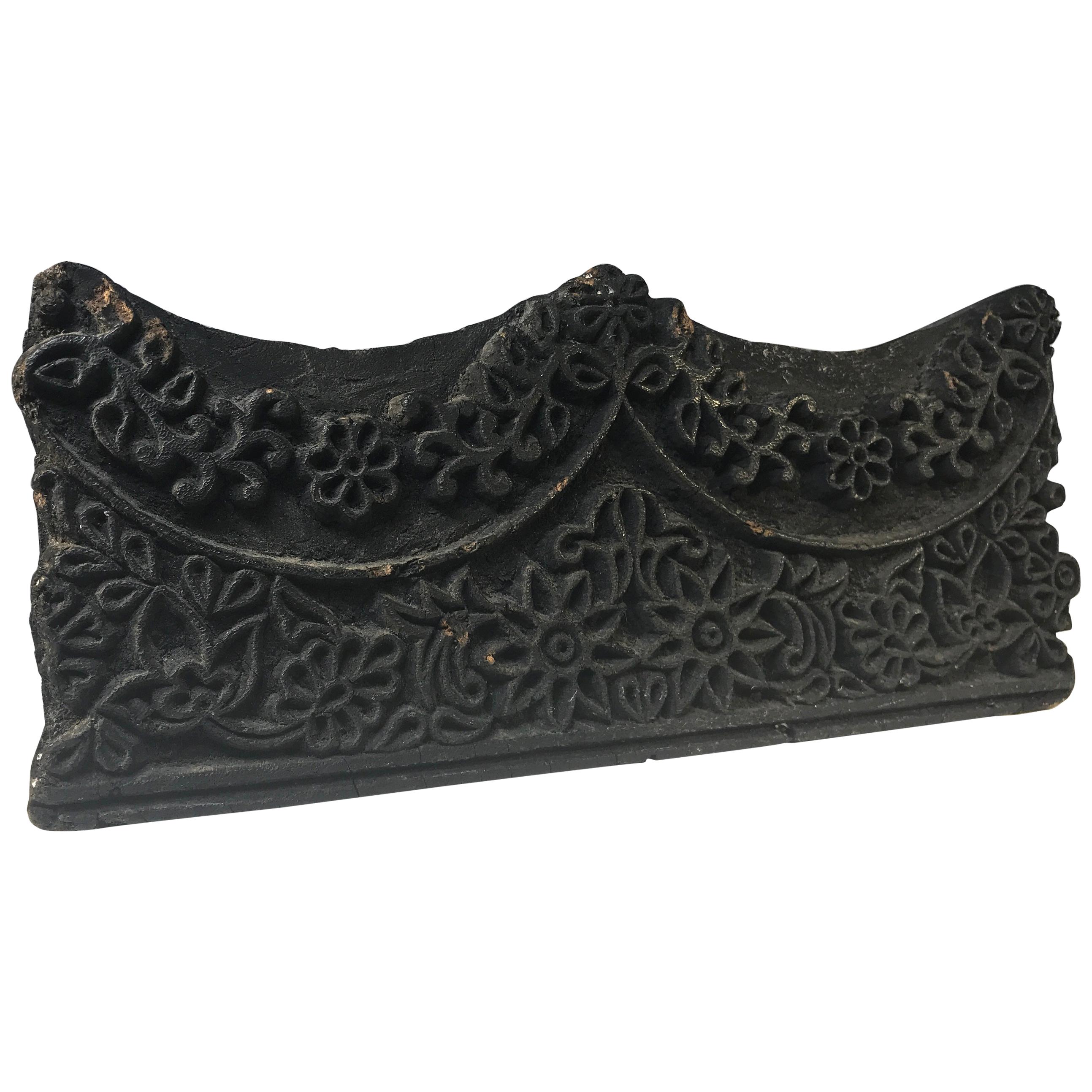 Intricate Hand Carved, Vintage Asian Mid-Century Wooden Scalloped Printing Block