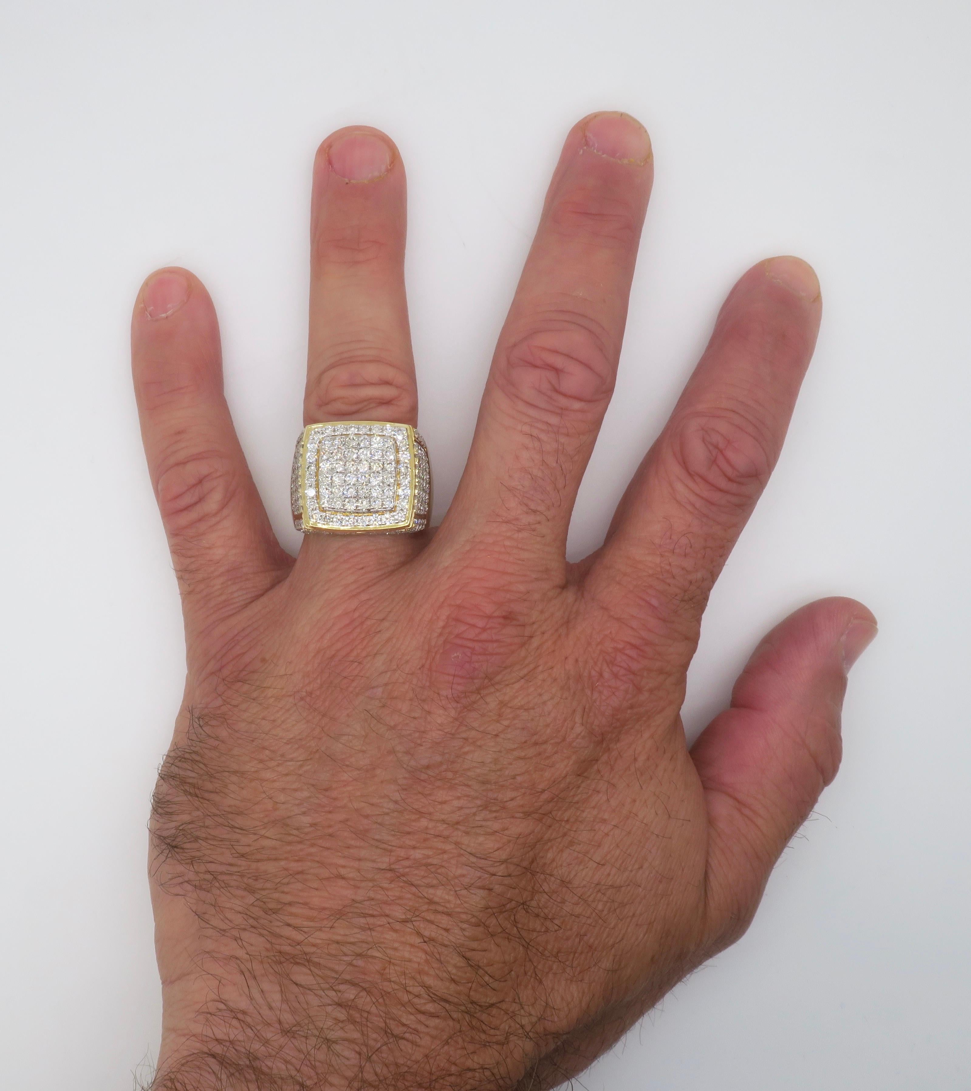 Intricate 14k yellow gold high quality men's ring encrusted with 4.52CTW of Earth Mined Round Brilliant cut diamonds. 

Diamond Carat Weight: 4.52ctw Earth Mined Diamonds
Diamond Cut: Round Brilliant Cut 
Color: G-H
Clarity: VS1-VS2
Metal: 14K