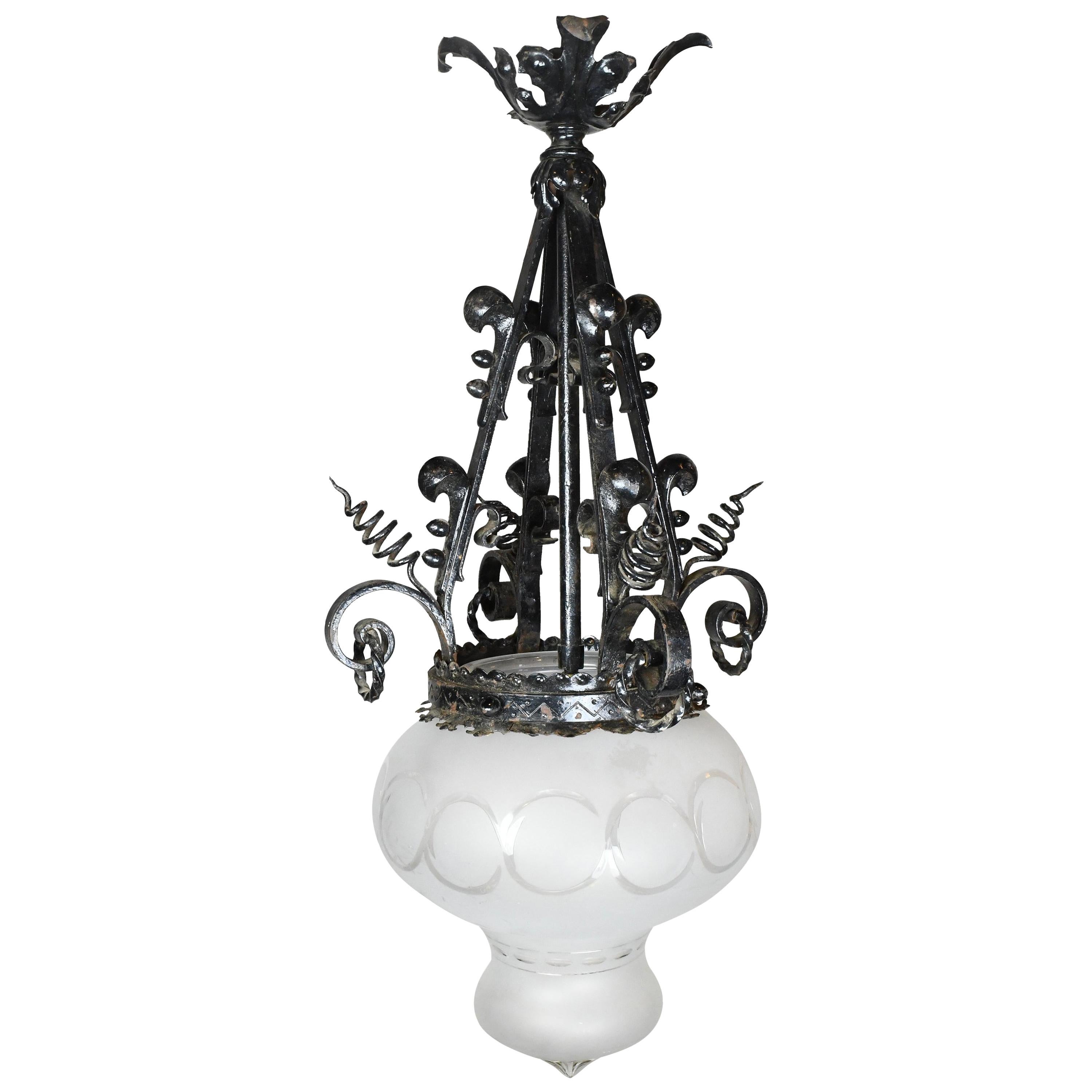 Intricate Iron Victorian Pendant with Glass Shade For Sale