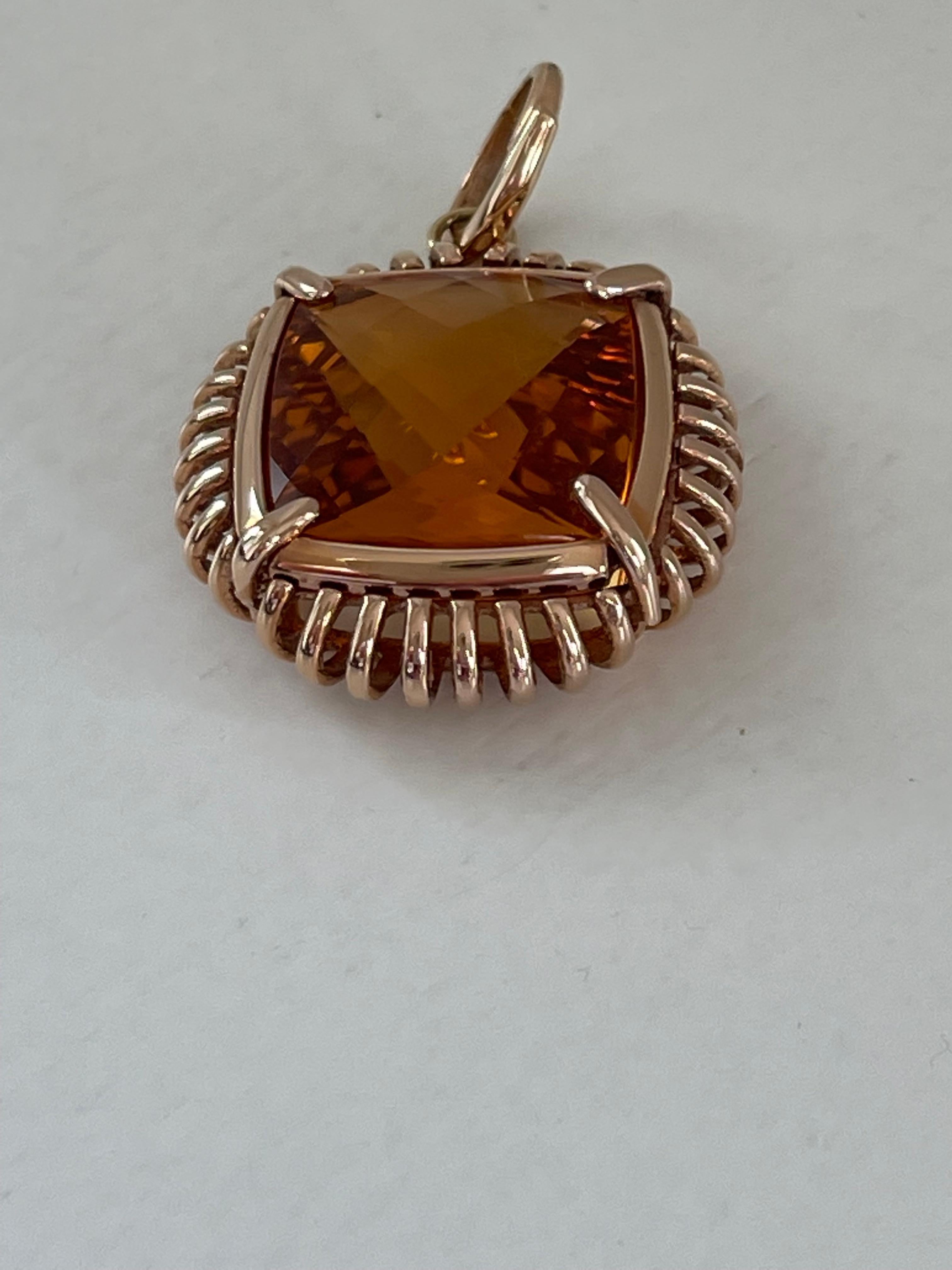 Intricate Italian 18 K Pink Gold Pendant with Fancy Cut Citrine For Sale 4