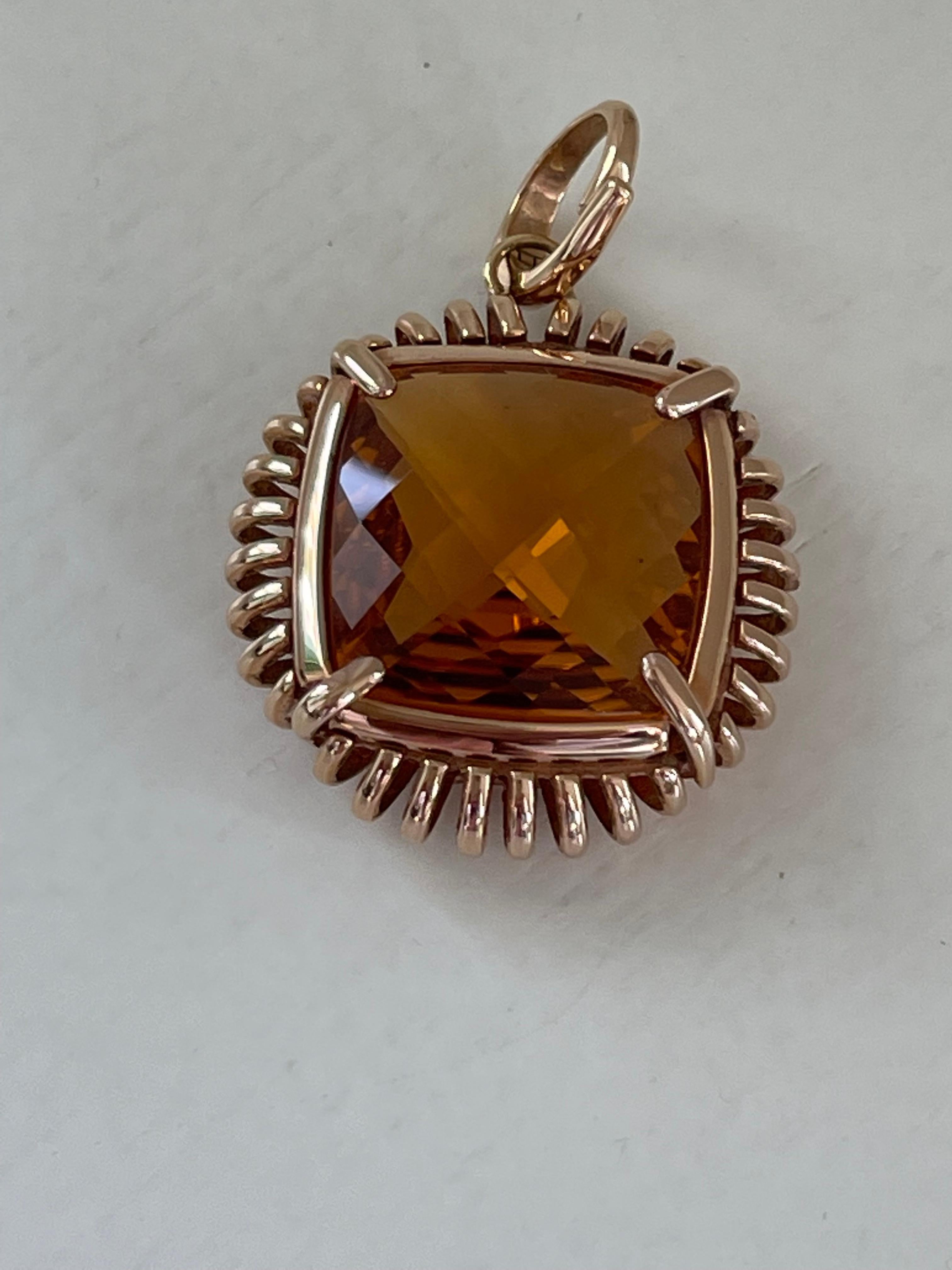Intricate Italian 18 K Pink Gold Pendant with Fancy Cut Citrine For Sale 5