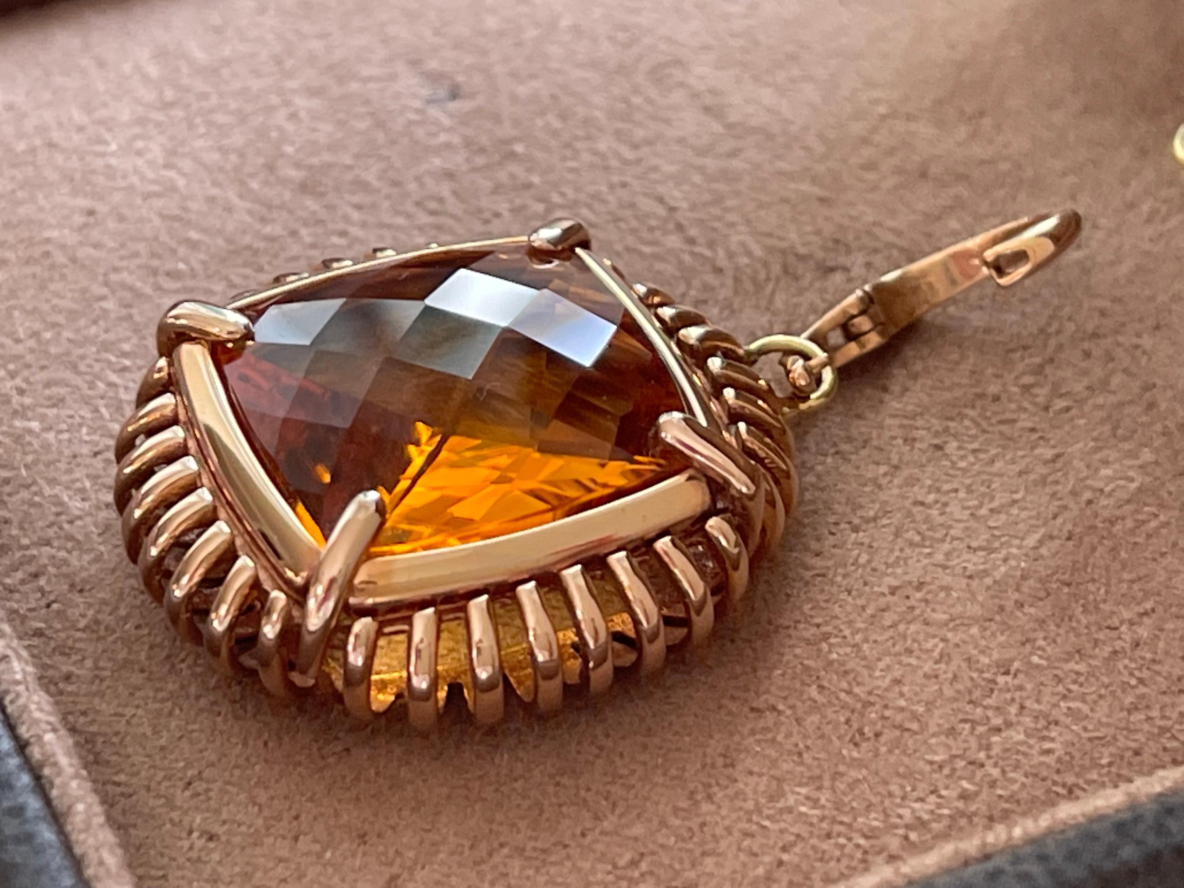 Contemporary Intricate Italian 18 K Pink Gold Pendant with Fancy Cut Citrine For Sale