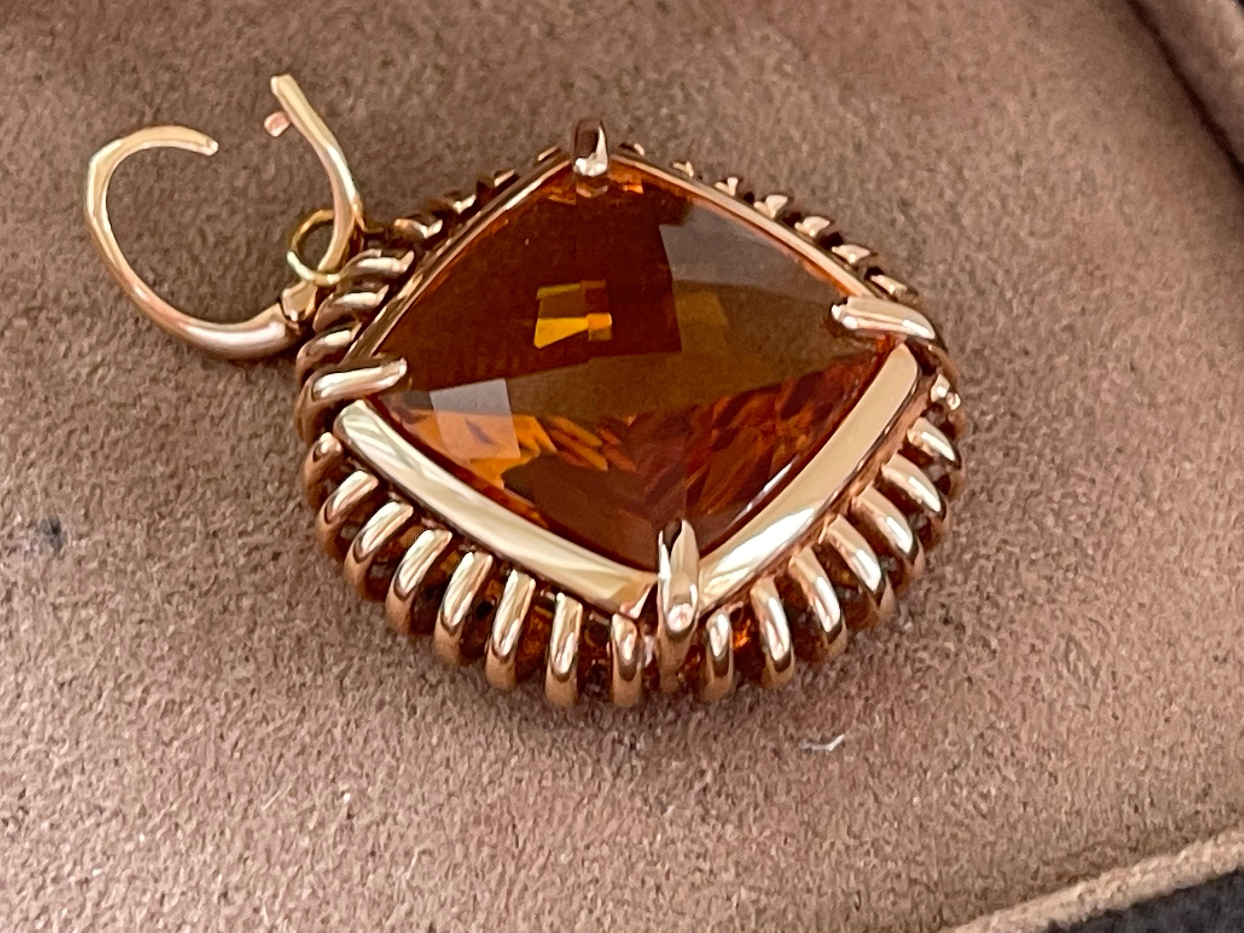 Cushion Cut Intricate Italian 18 K Pink Gold Pendant with Fancy Cut Citrine For Sale