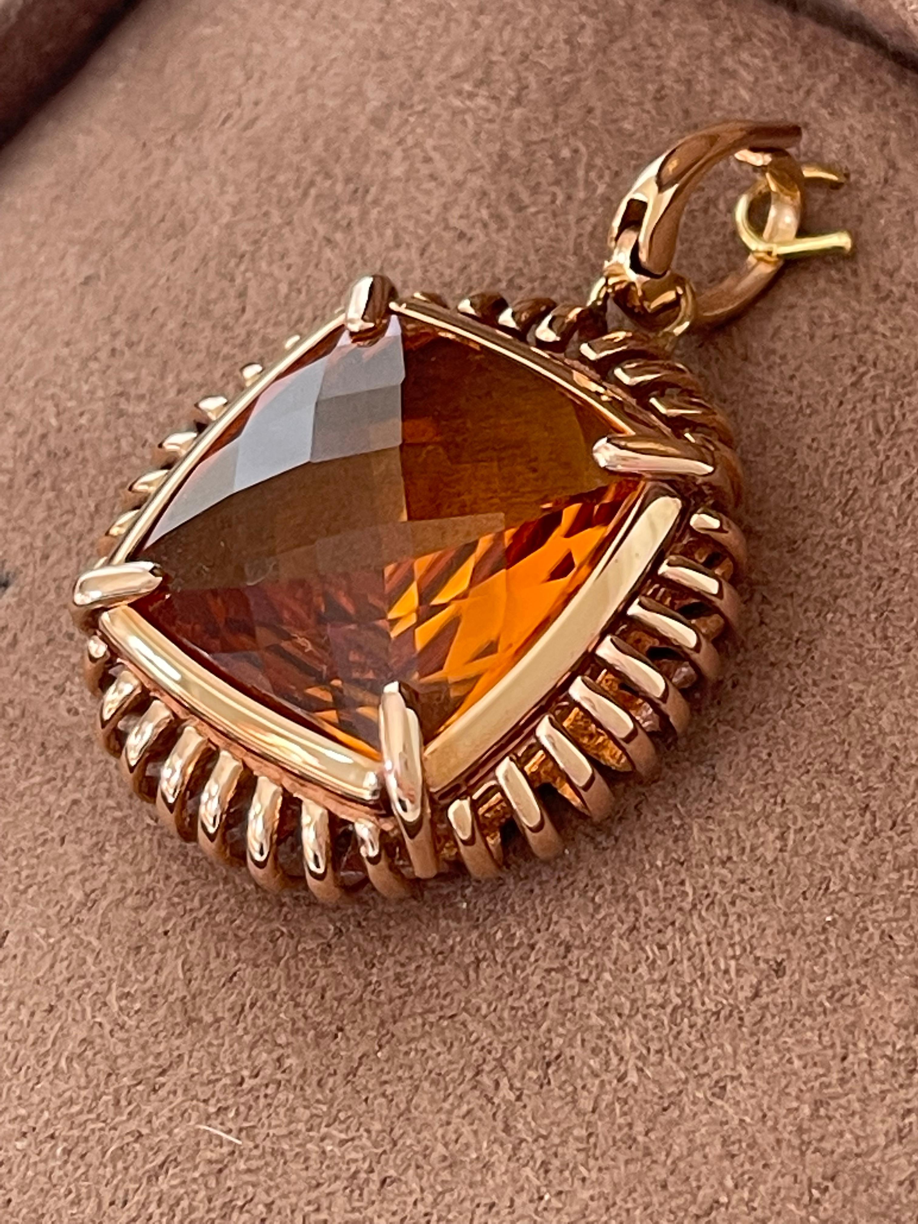 Women's or Men's Intricate Italian 18 K Pink Gold Pendant with Fancy Cut Citrine For Sale