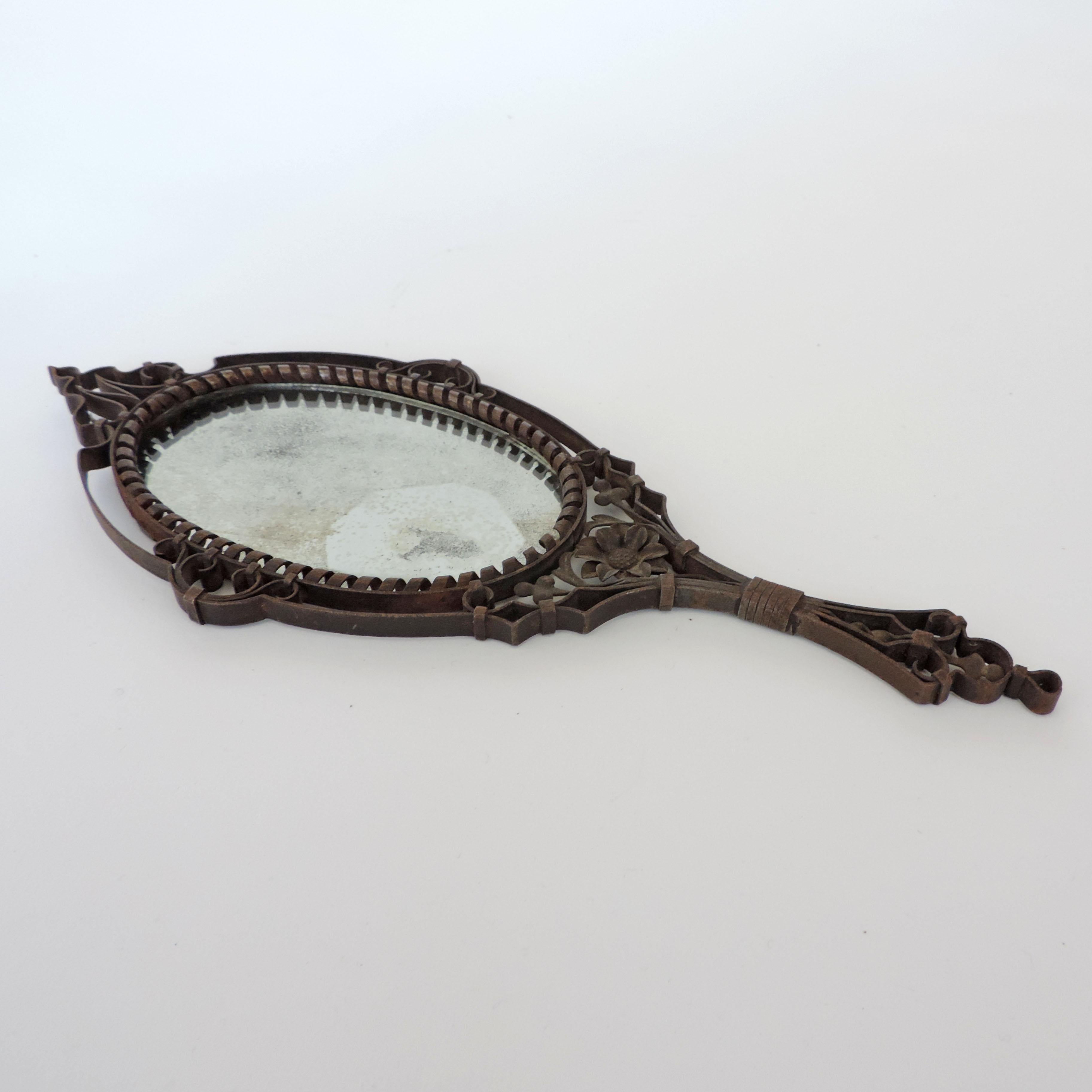 Art Deco Intricate Italian Iron Hand Mirror with M Initial, 1920s For Sale