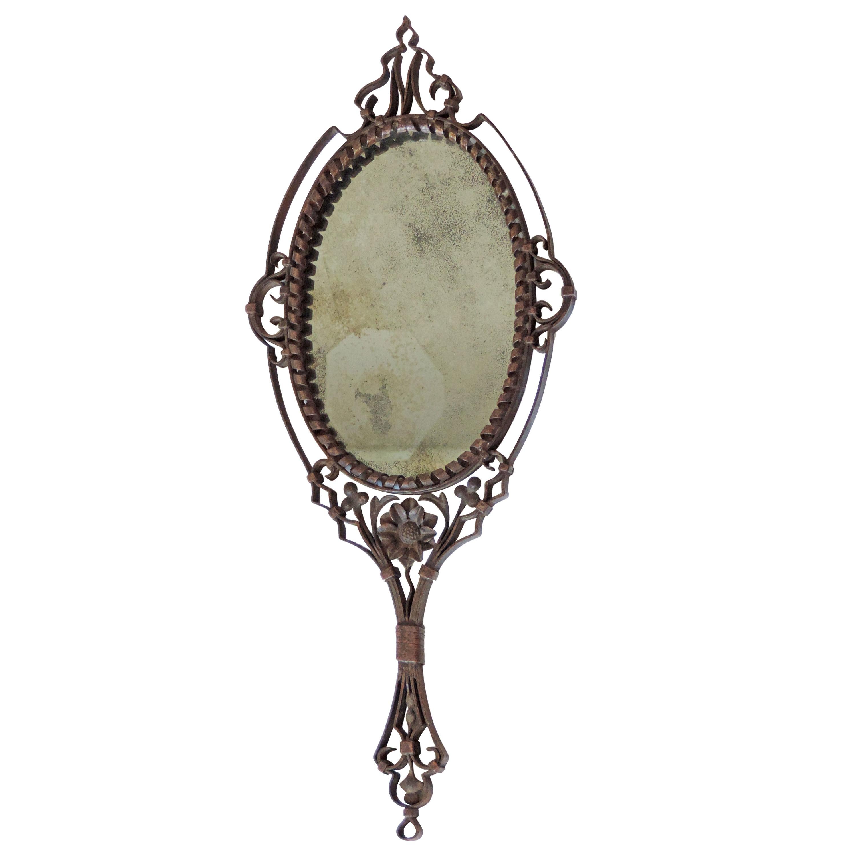 Intricate Italian Iron Hand Mirror with M Initial, 1920s