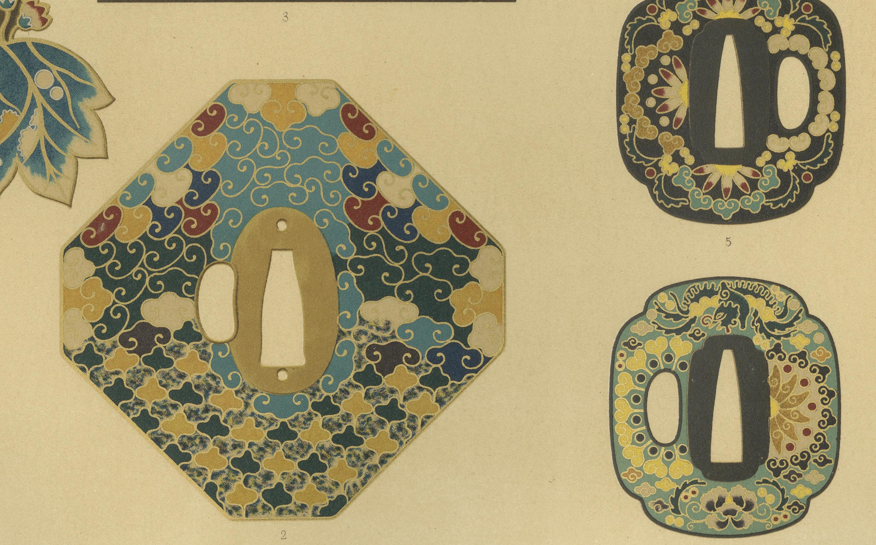 Título: Guarniciones y ornamentos intrincados de las espadas japonesas - Lámina VI de la Sección VII  

Descripción: Esta vibrante cromolitografía, Lámina VI de la Sección VII de la célebre publicación de artes decorativas de G. A. Audsley, muestra