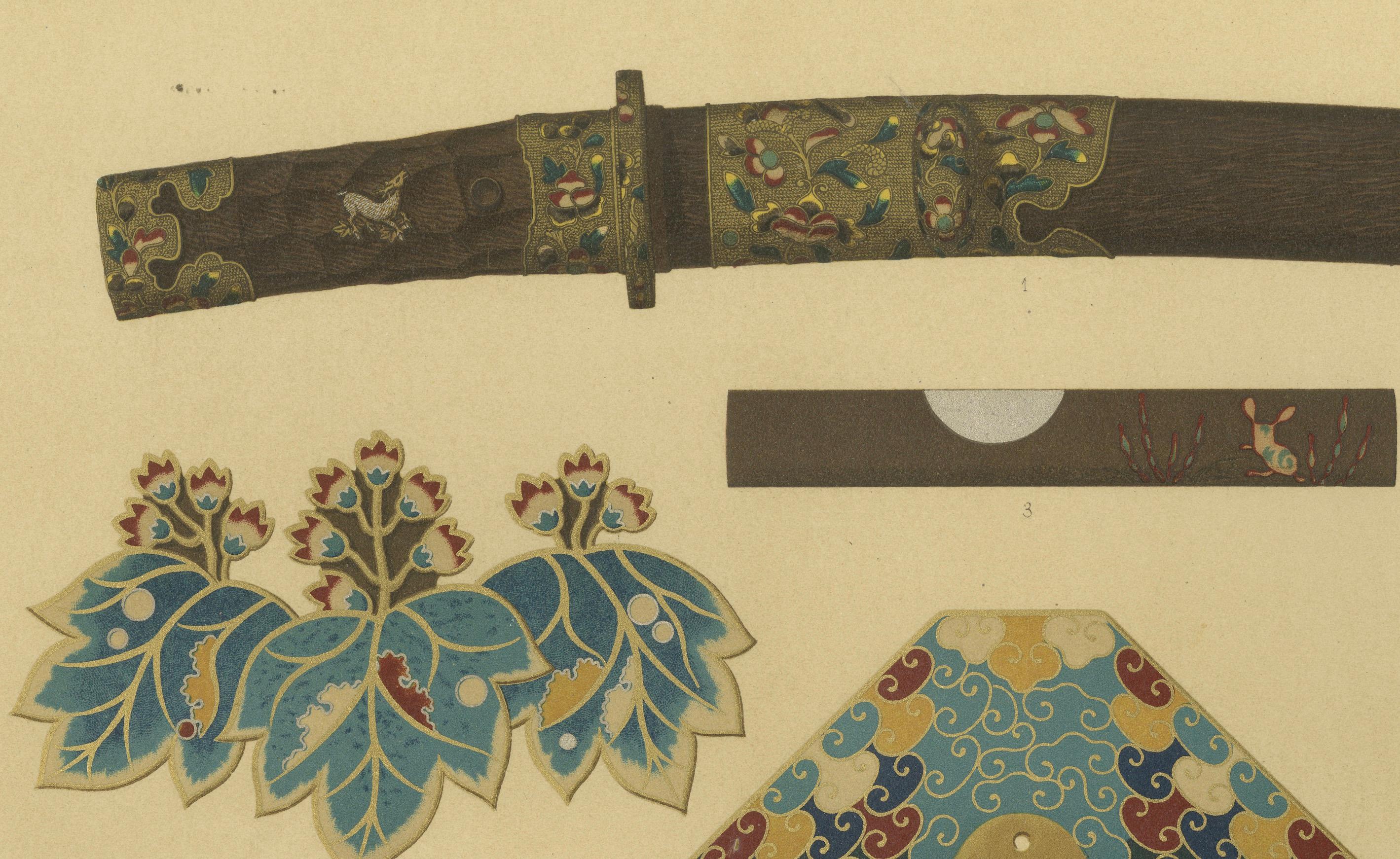 Intrincados herrajes y adornos para espadas japonesas, Arte japonés de Audsley, 1884 en Bueno estado para la venta en Langweer, NL