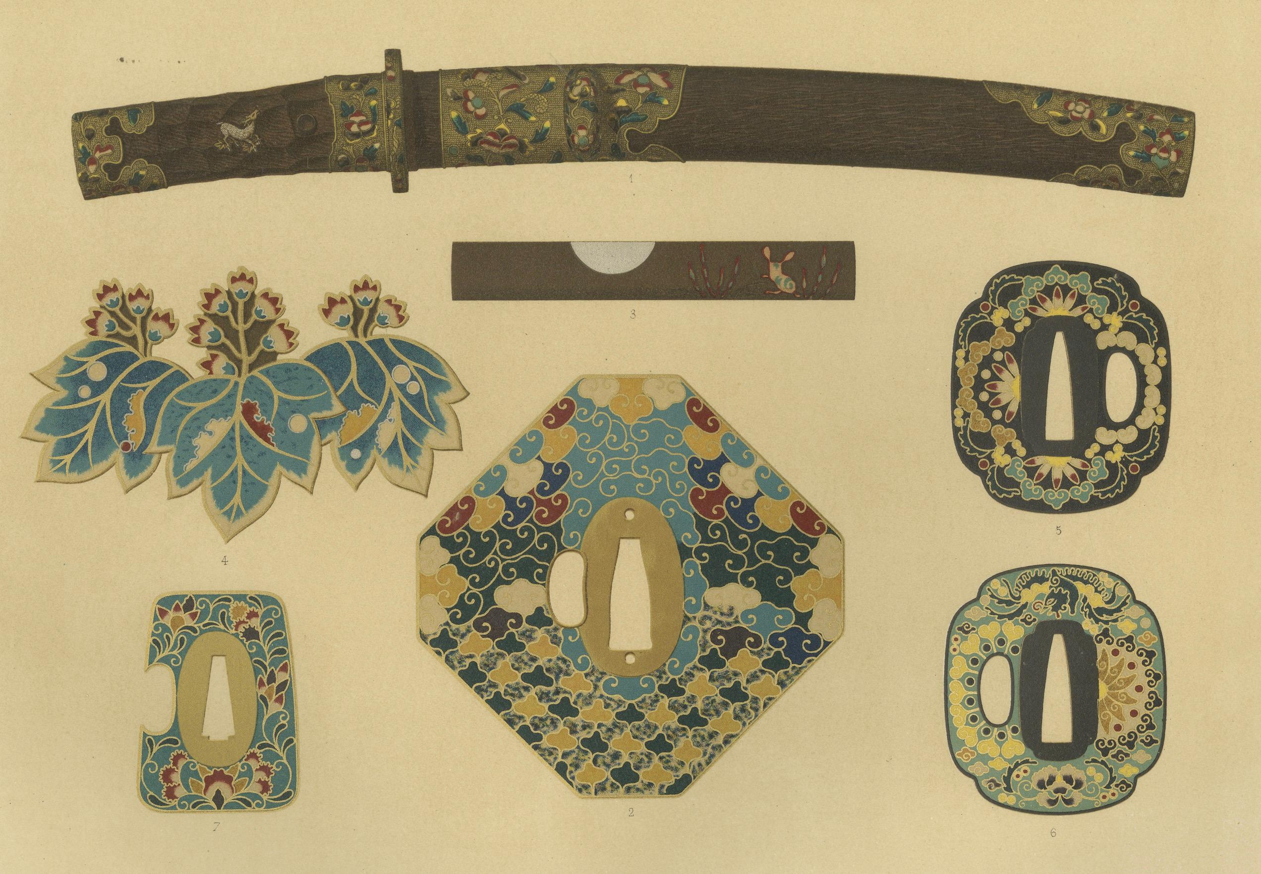 Intrincados herrajes y adornos para espadas japonesas, Arte japonés de Audsley, 1884 Fines del siglo XIX en venta