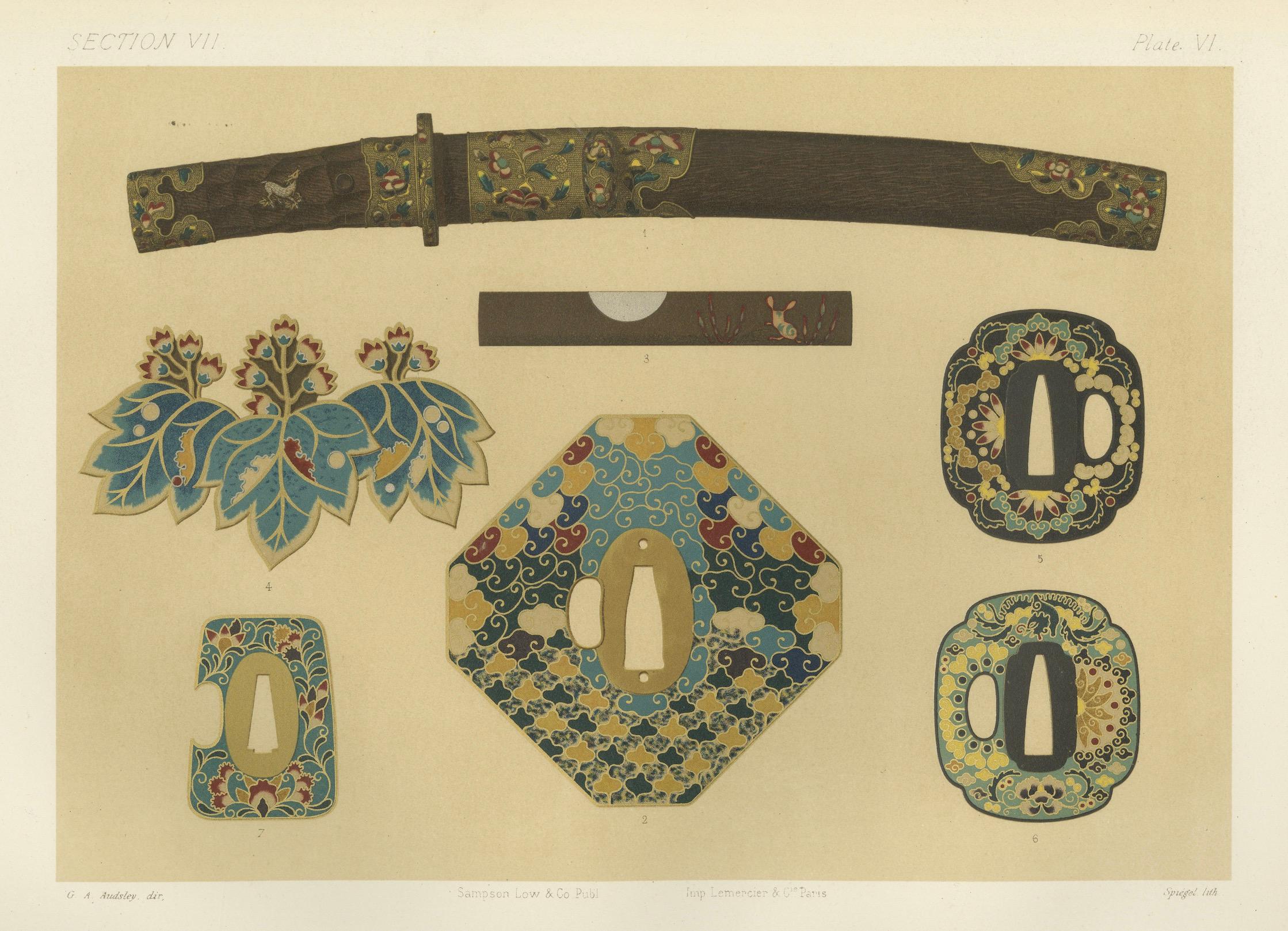 Intrincados herrajes y adornos para espadas japonesas, Arte japonés de Audsley, 1884 Papel en venta