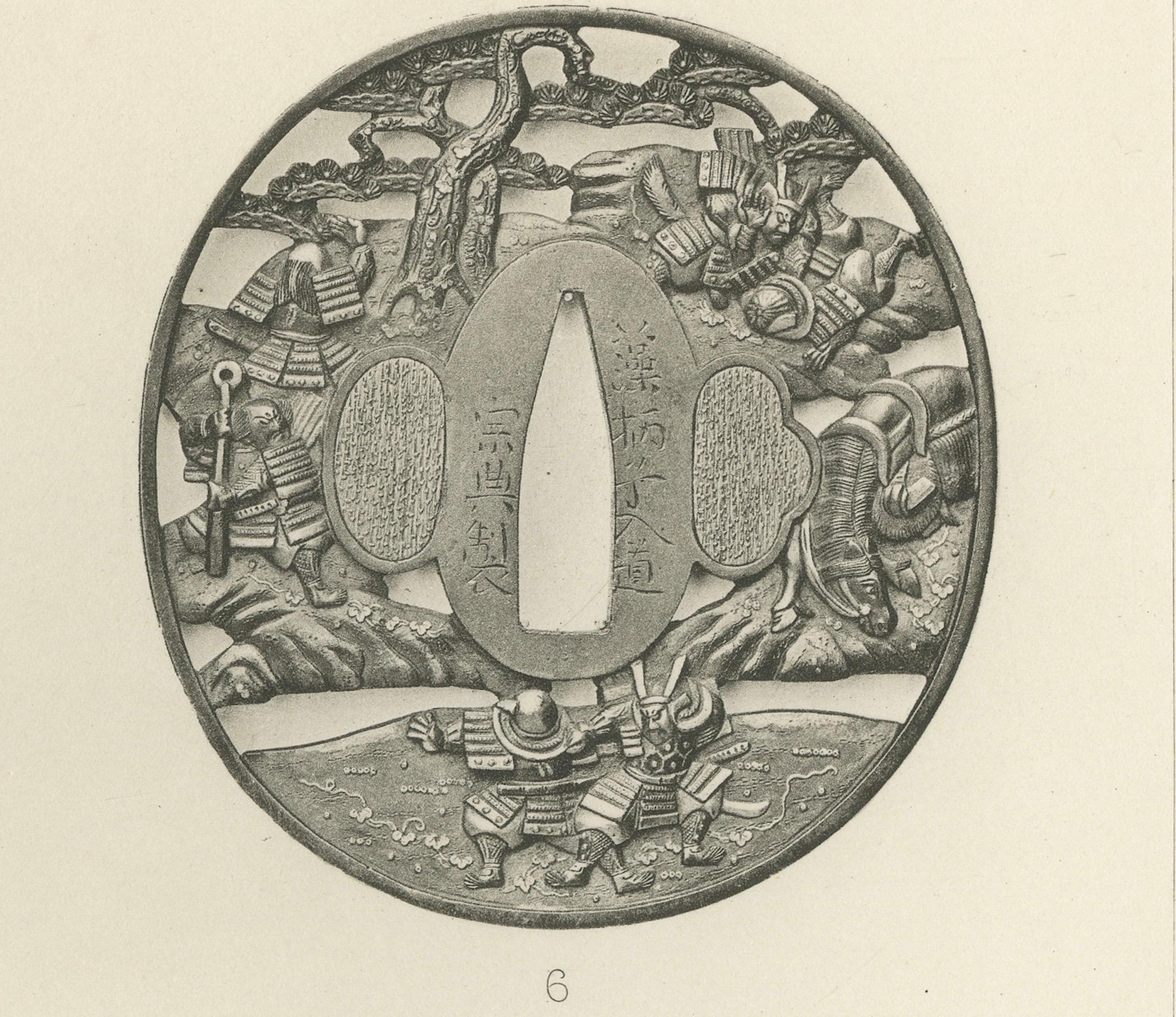 Title: Intricate Japanese Sword Guards (Tsuba) – Plate XI from Section VI of G. A. Audsley’s Decorative Art Series

Description: Plate XI from Section VI of G. A. Audsley’s decorative art collection features six exquisitely detailed Japanese sword