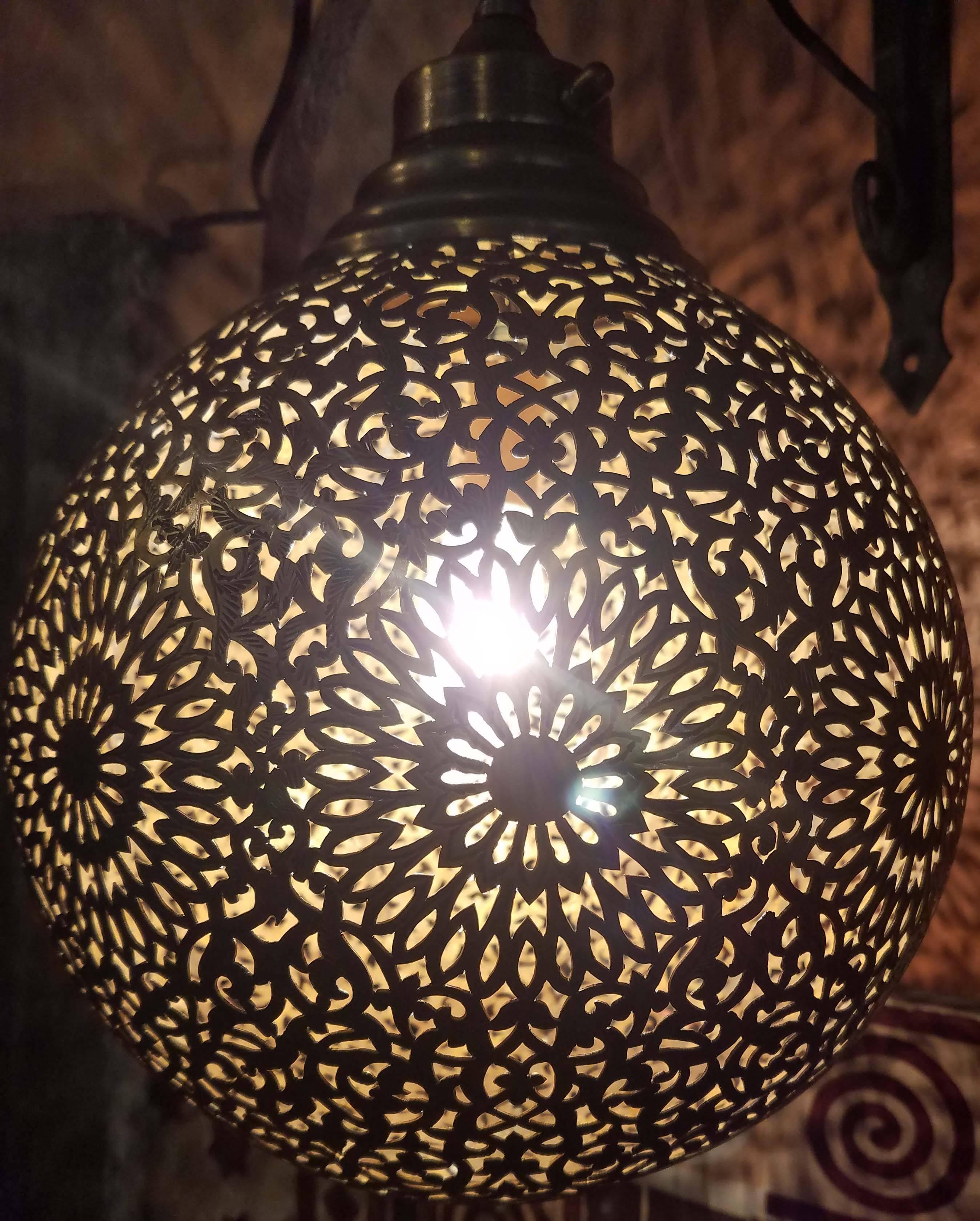Hammered Intricate Moroccan Copper Wall or Ceiling Lamp or Lantern, Ball Shape