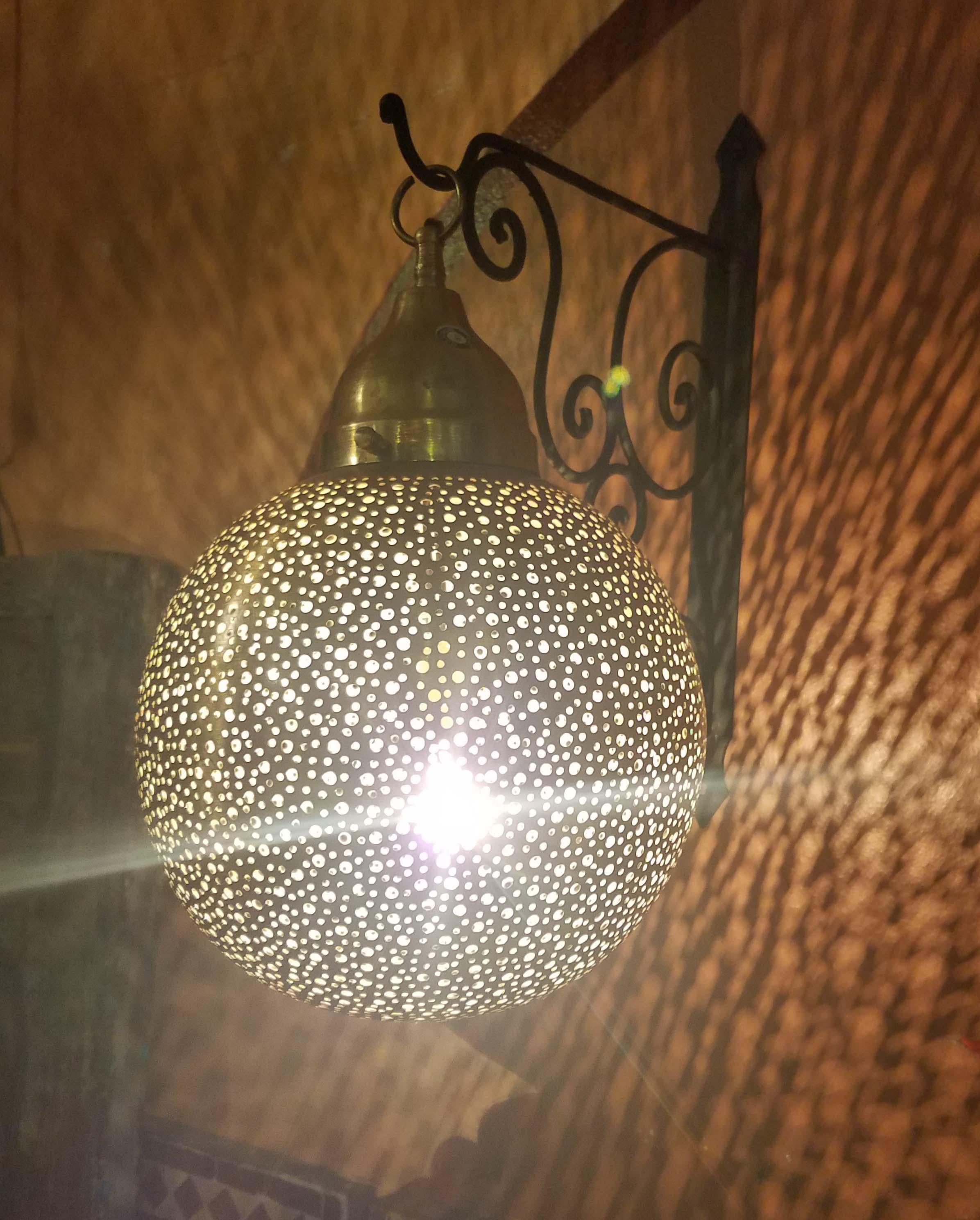 Contemporary Intricate Moroccan Copper Wall or Ceiling Lamp or Lantern, Ball Shape For Sale