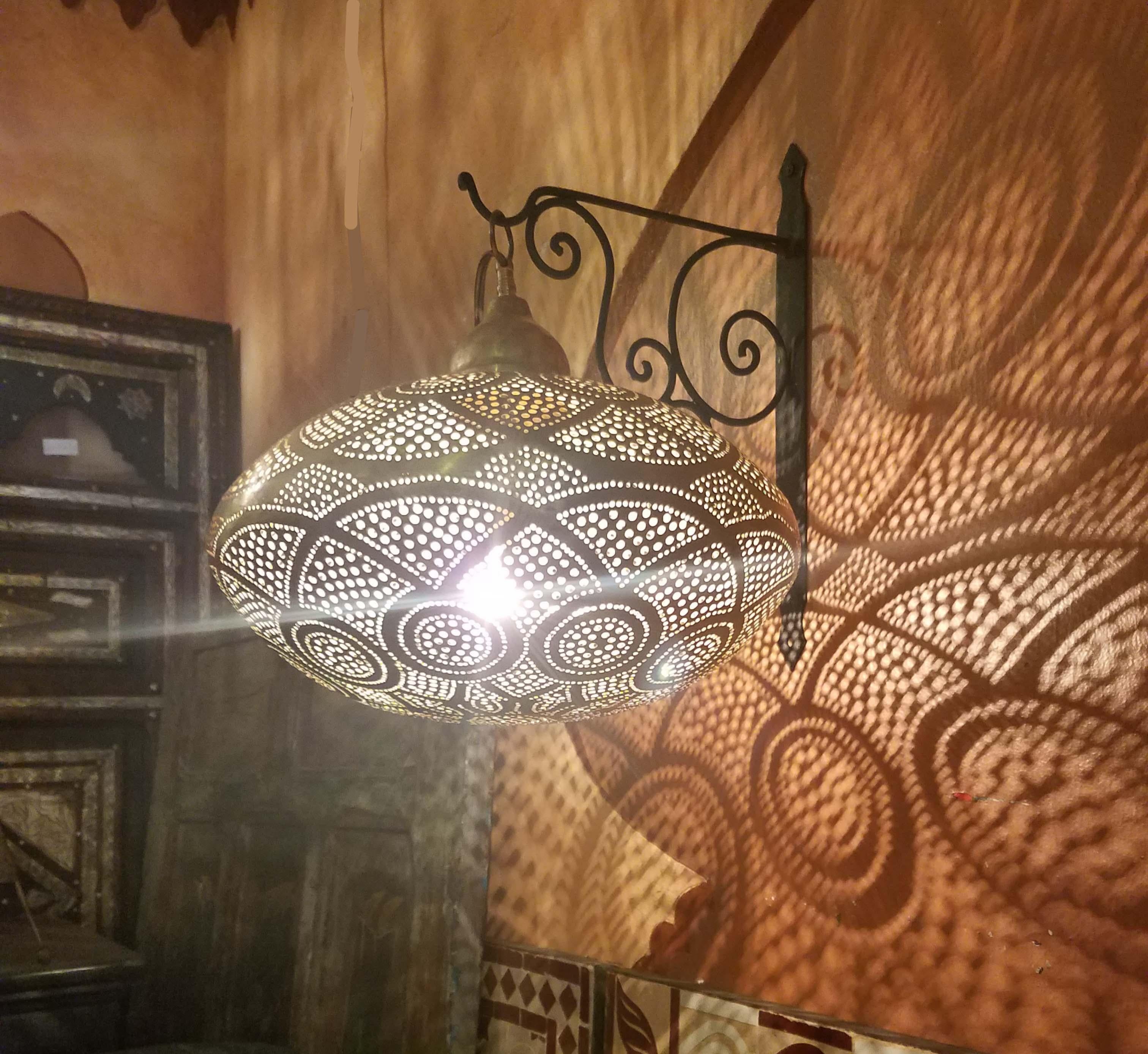 Contemporary Intricate Moroccan Copper Wall or Ceiling Lamp or Lantern, Large Secoupe Shape For Sale