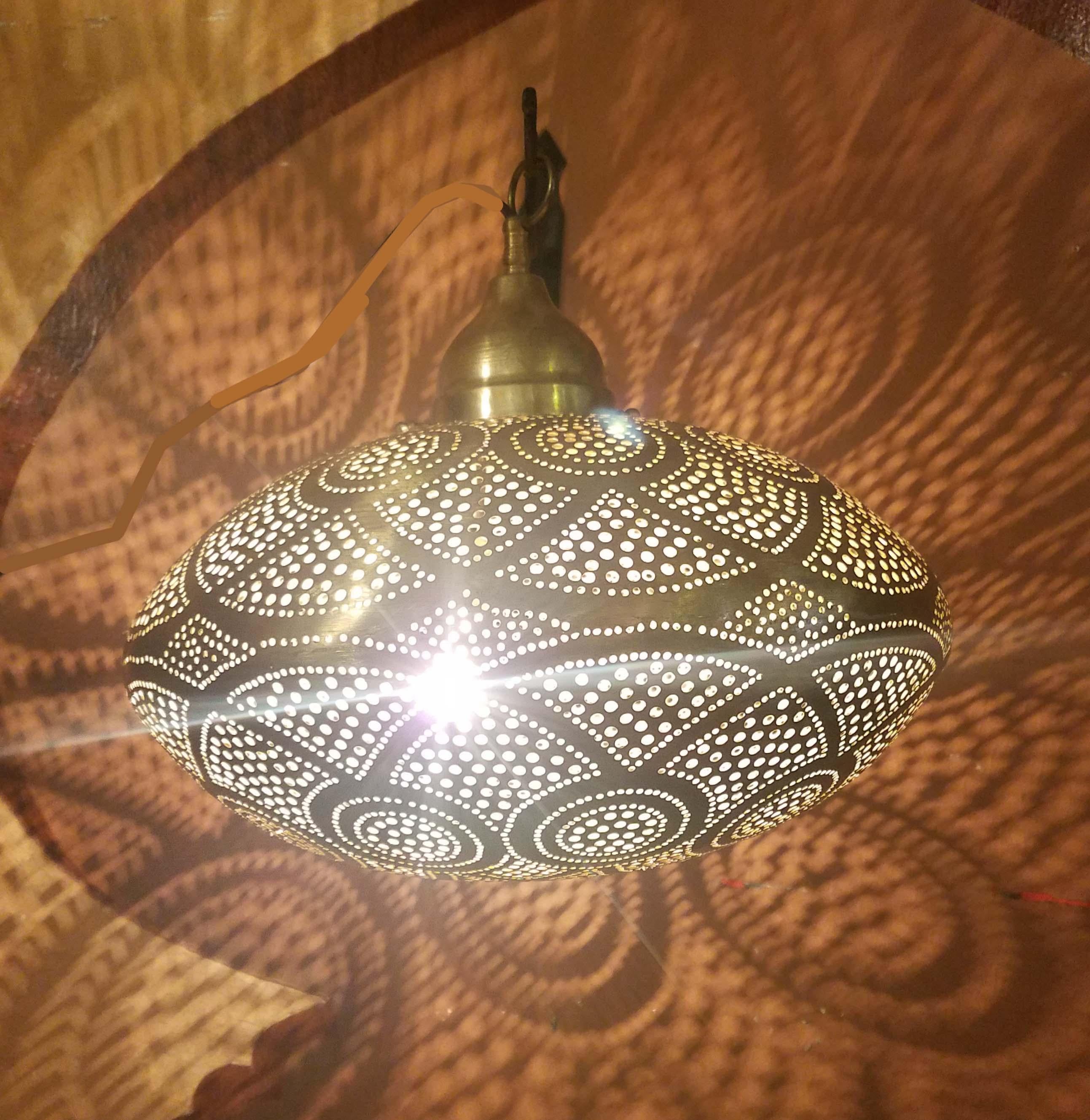 Intricate Moroccan Copper Wall or Ceiling Lamp or Lantern, Large Secoupe Shape For Sale 1