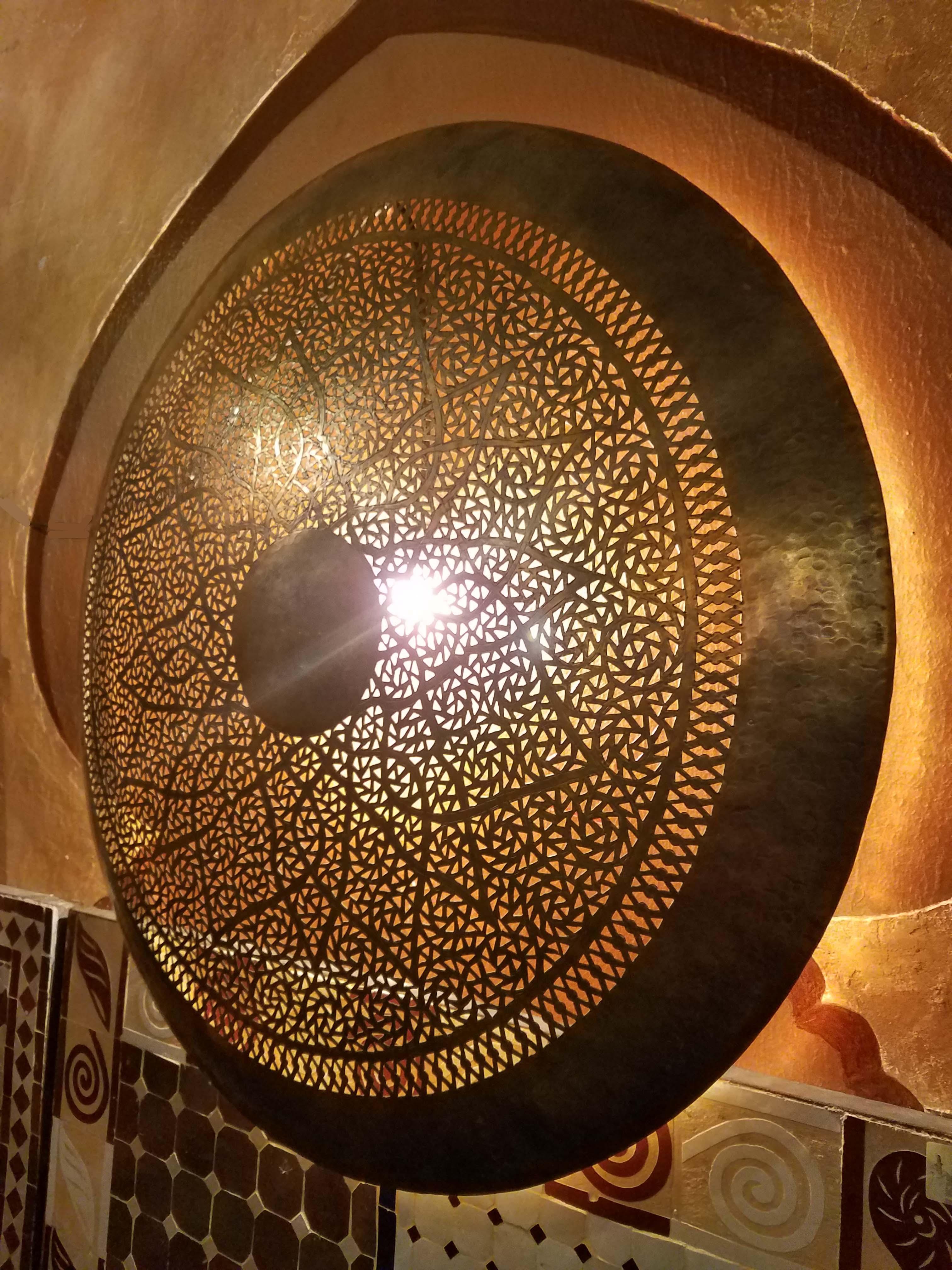 Hammered Intricate Moroccan Copper Wall Sconce, Large Circular