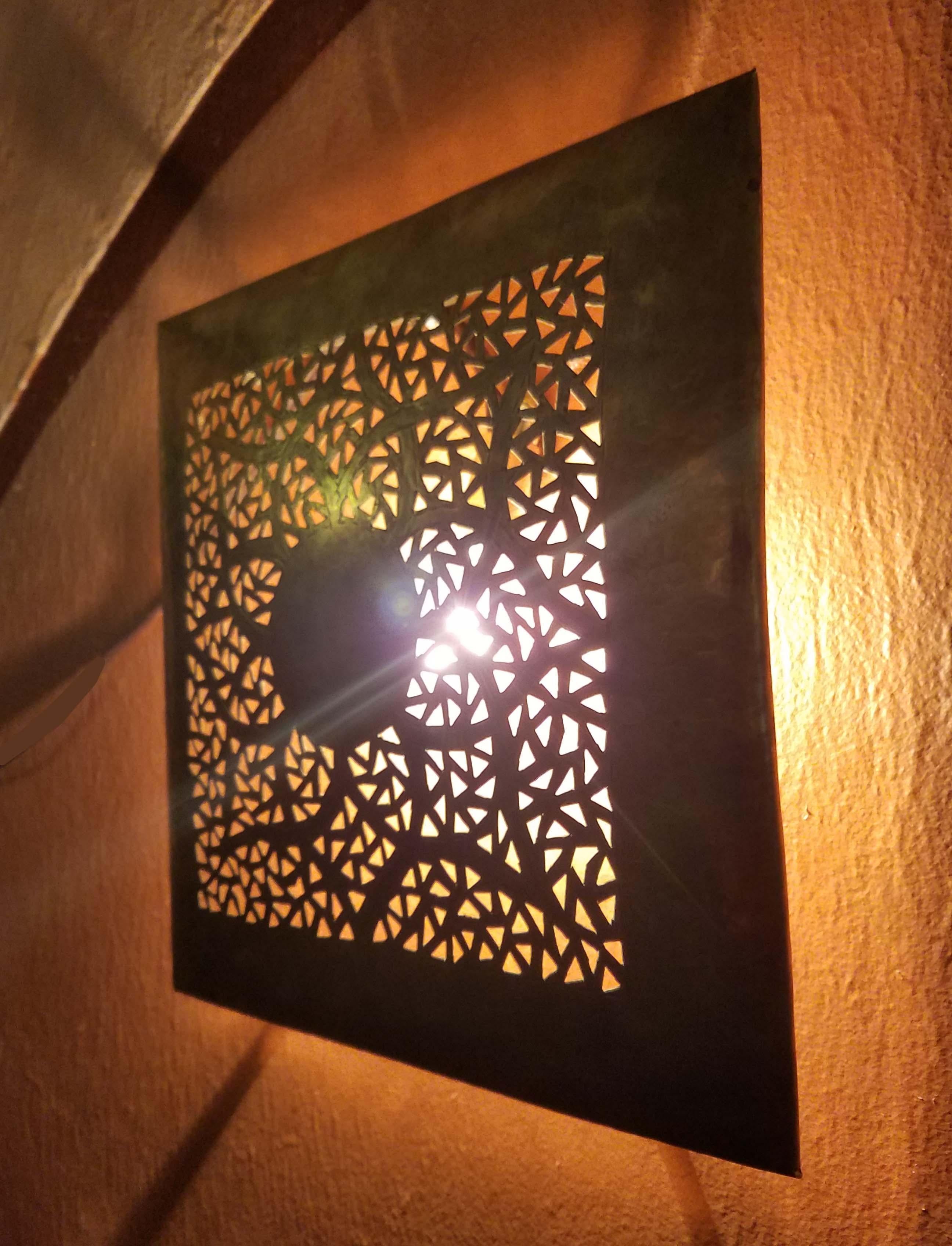 Hammered Intricate Moroccan Copper Wall Sconce, Small Square For Sale