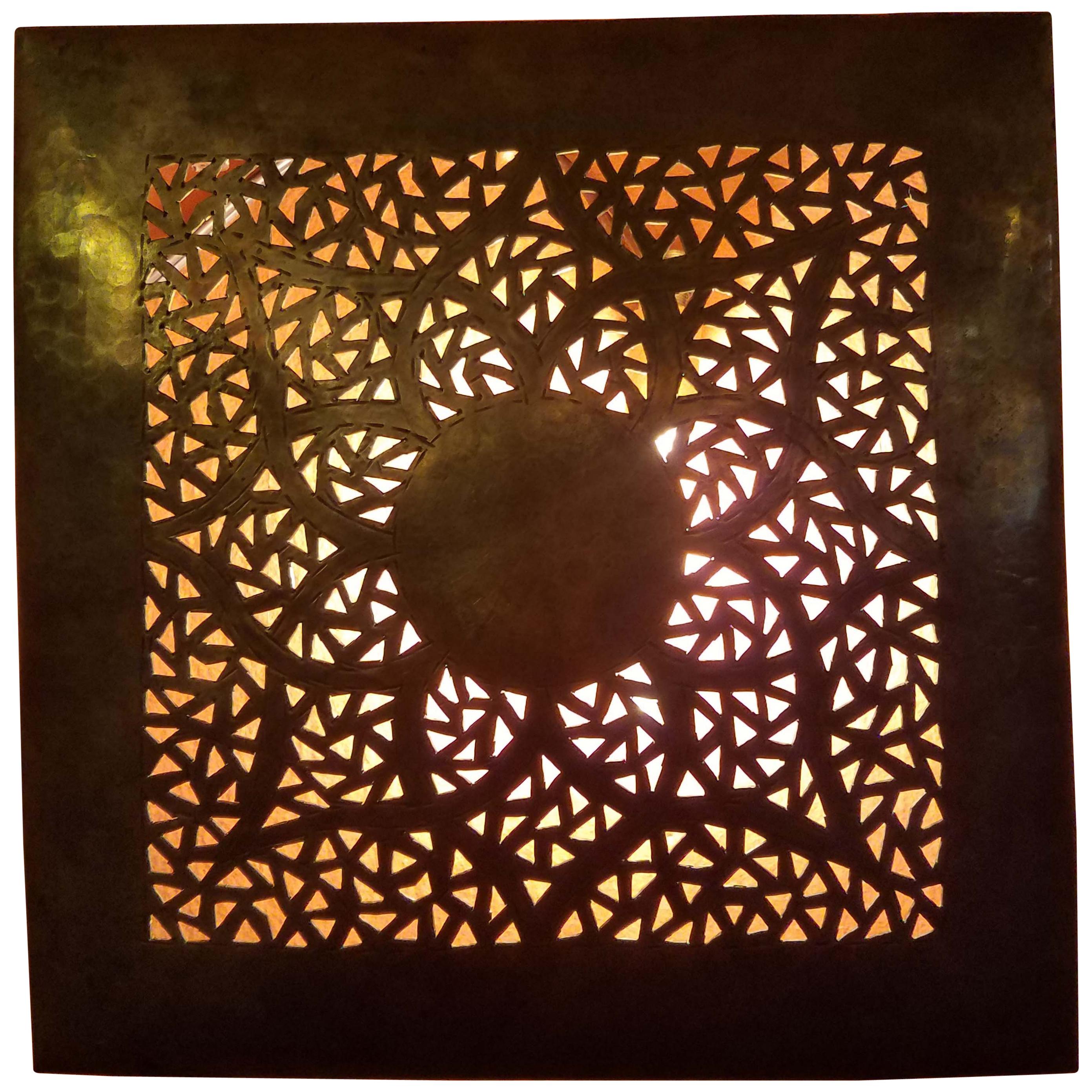 Intricate Moroccan Copper Wall Sconce, Small Square For Sale