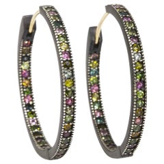 Intricate Multi Tourmaline 18 Karat Gold and Oxidized Hoop Earrings