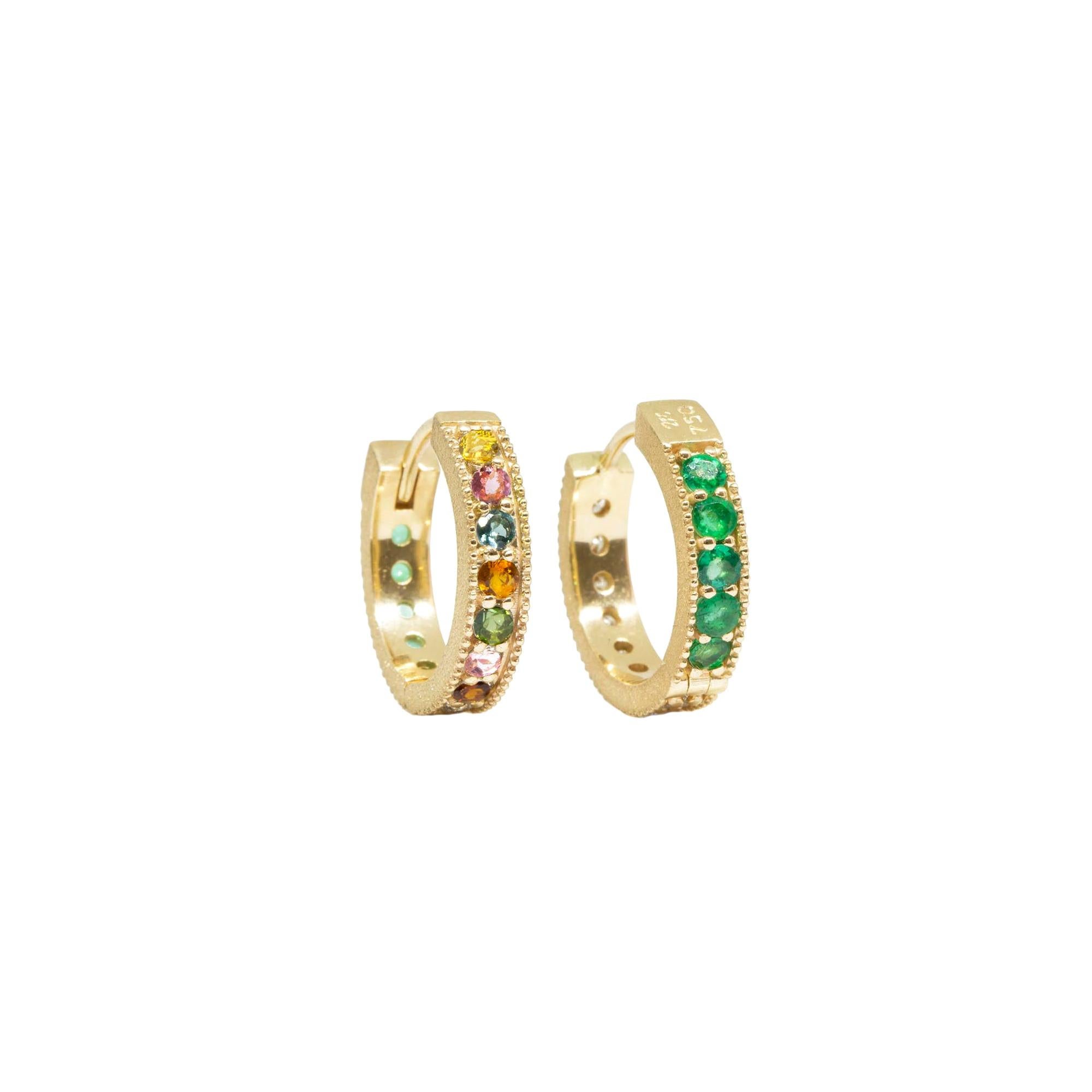 Intricate Multi Tourmaline and Emerald 18 Karat Gold Reversible Huggies For Sale