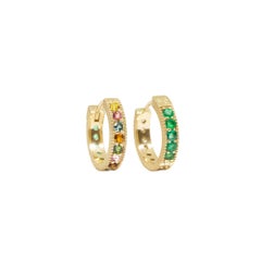 Intricate Multi Tourmaline and Emerald 18 Karat Gold Reversible Huggies