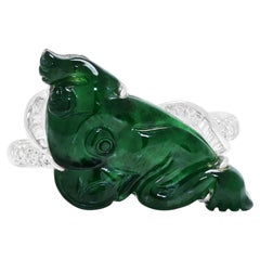 Intricate Natural Diamond and Carved Imperial Jade Ring in 18K White Gold