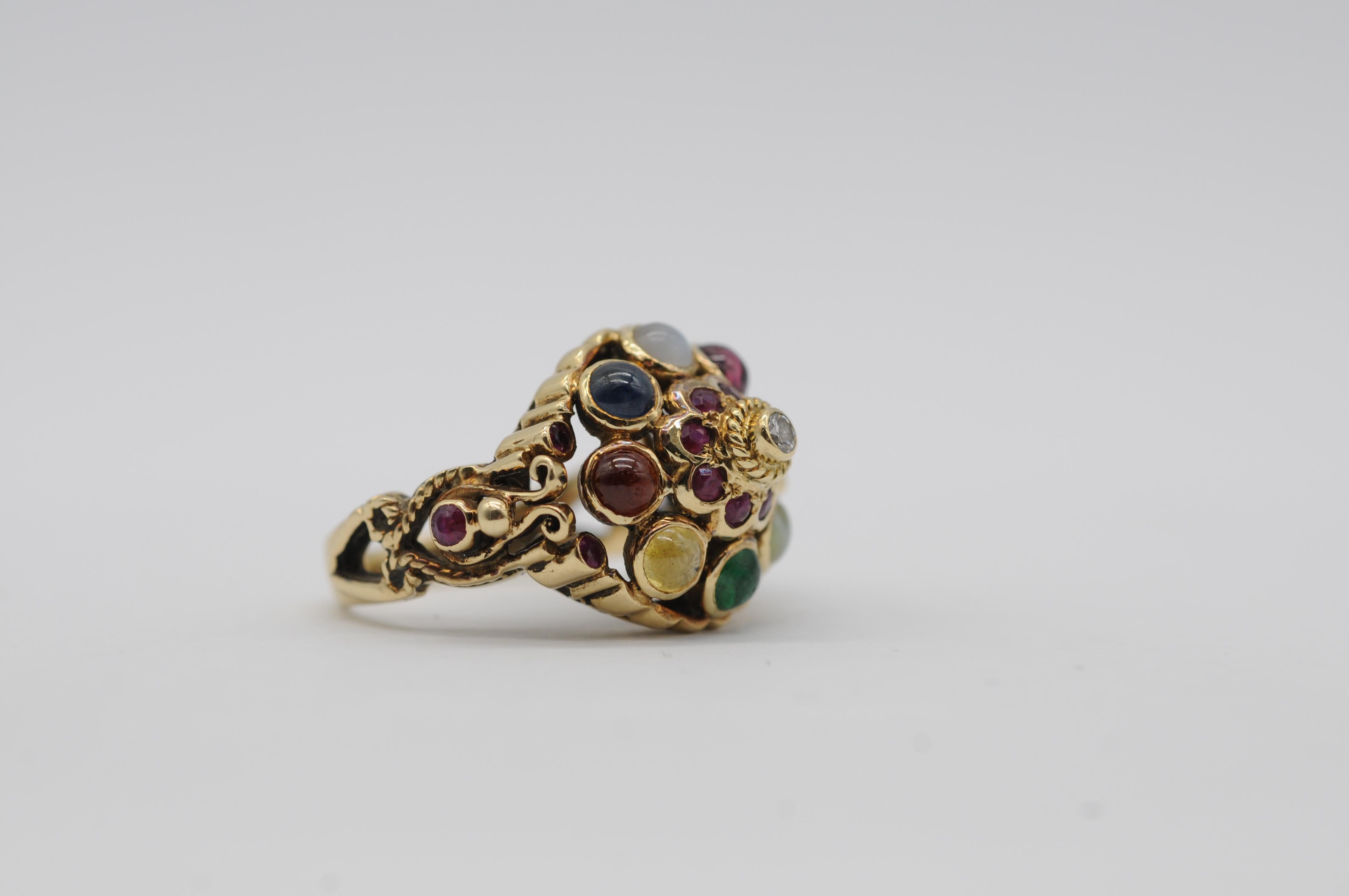 Intricate Oriental Ring with Cabochon Rubies, Sapphires, and Other Gemstones For Sale 5