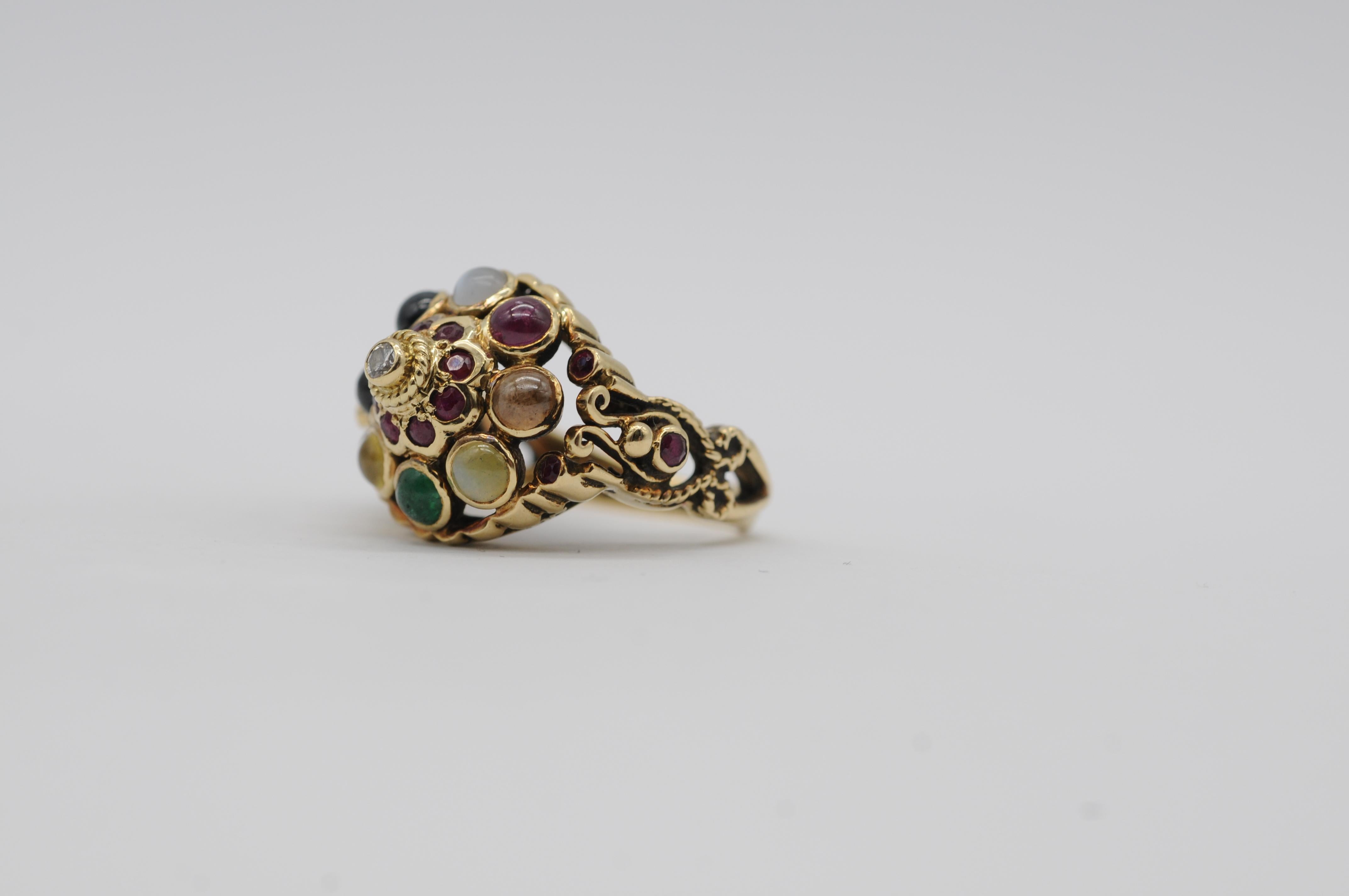 Intricate Oriental Ring with Cabochon Rubies, Sapphires, and Other Gemstones For Sale 6