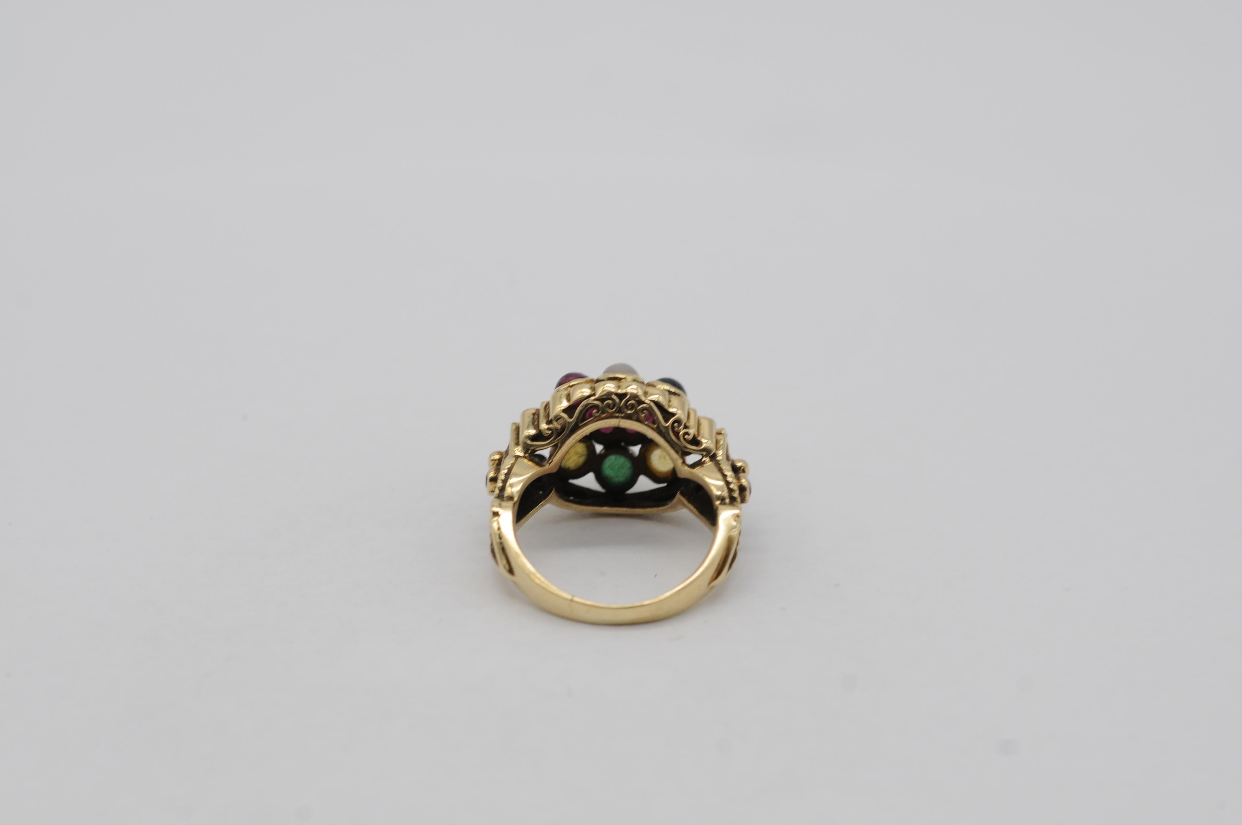 Intricate Oriental Ring with Cabochon Rubies, Sapphires, and Other Gemstones For Sale 7