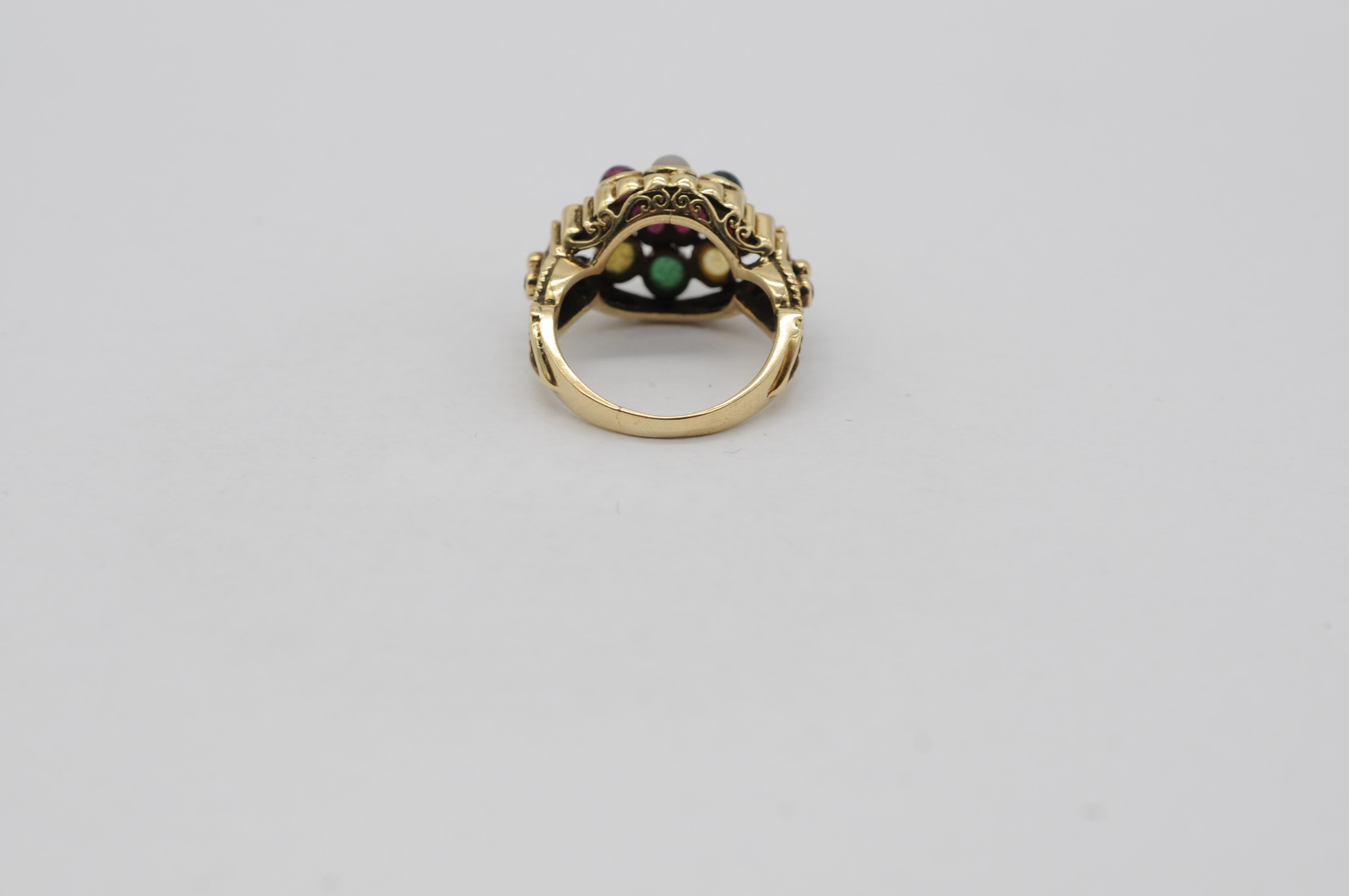 Intricate Oriental Ring with Cabochon Rubies, Sapphires, and Other Gemstones For Sale 8