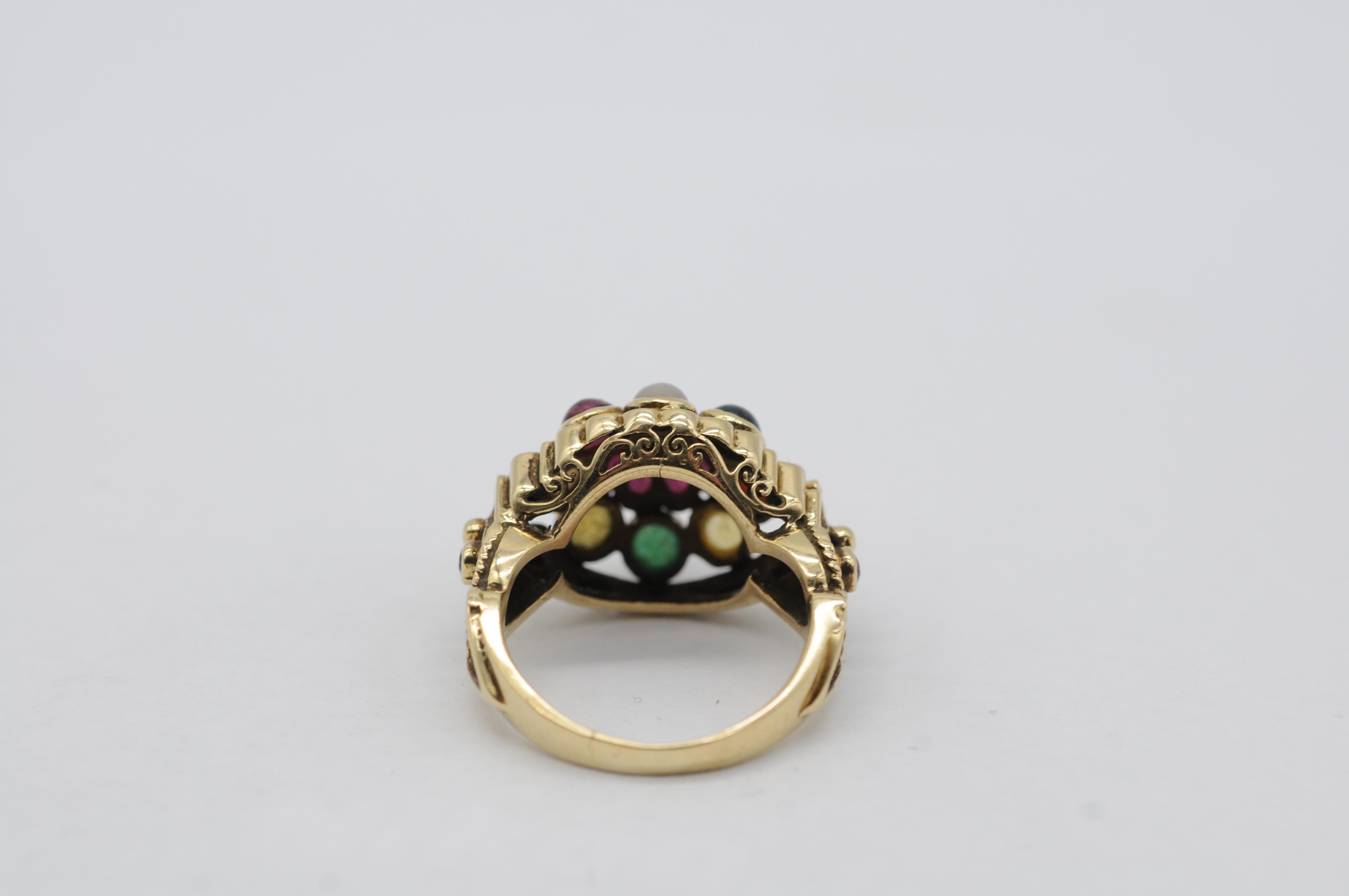Intricate Oriental Ring with Cabochon Rubies, Sapphires, and Other Gemstones For Sale 9