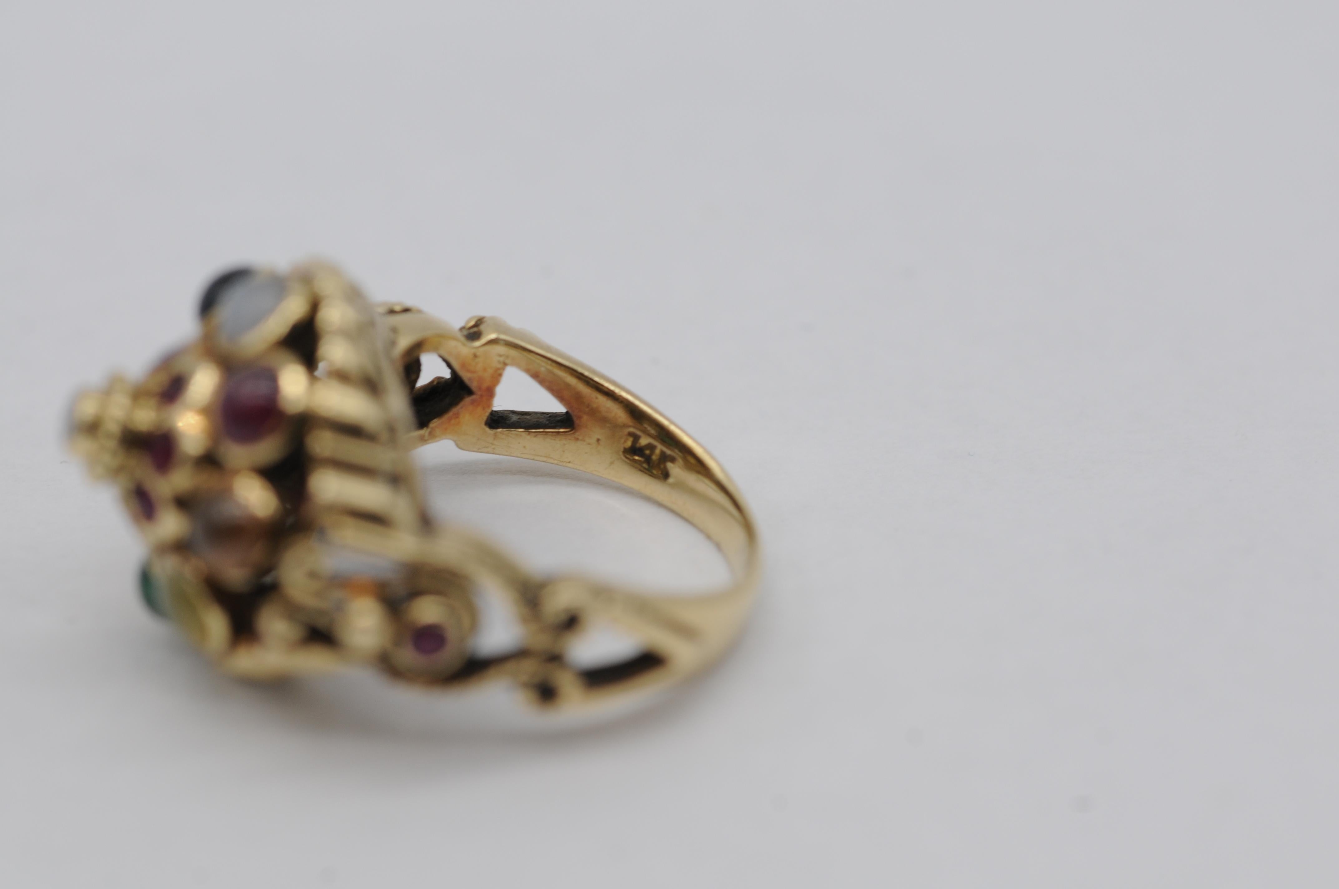 Intricate Oriental Ring with Cabochon Rubies, Sapphires, and Other Gemstones For Sale 12