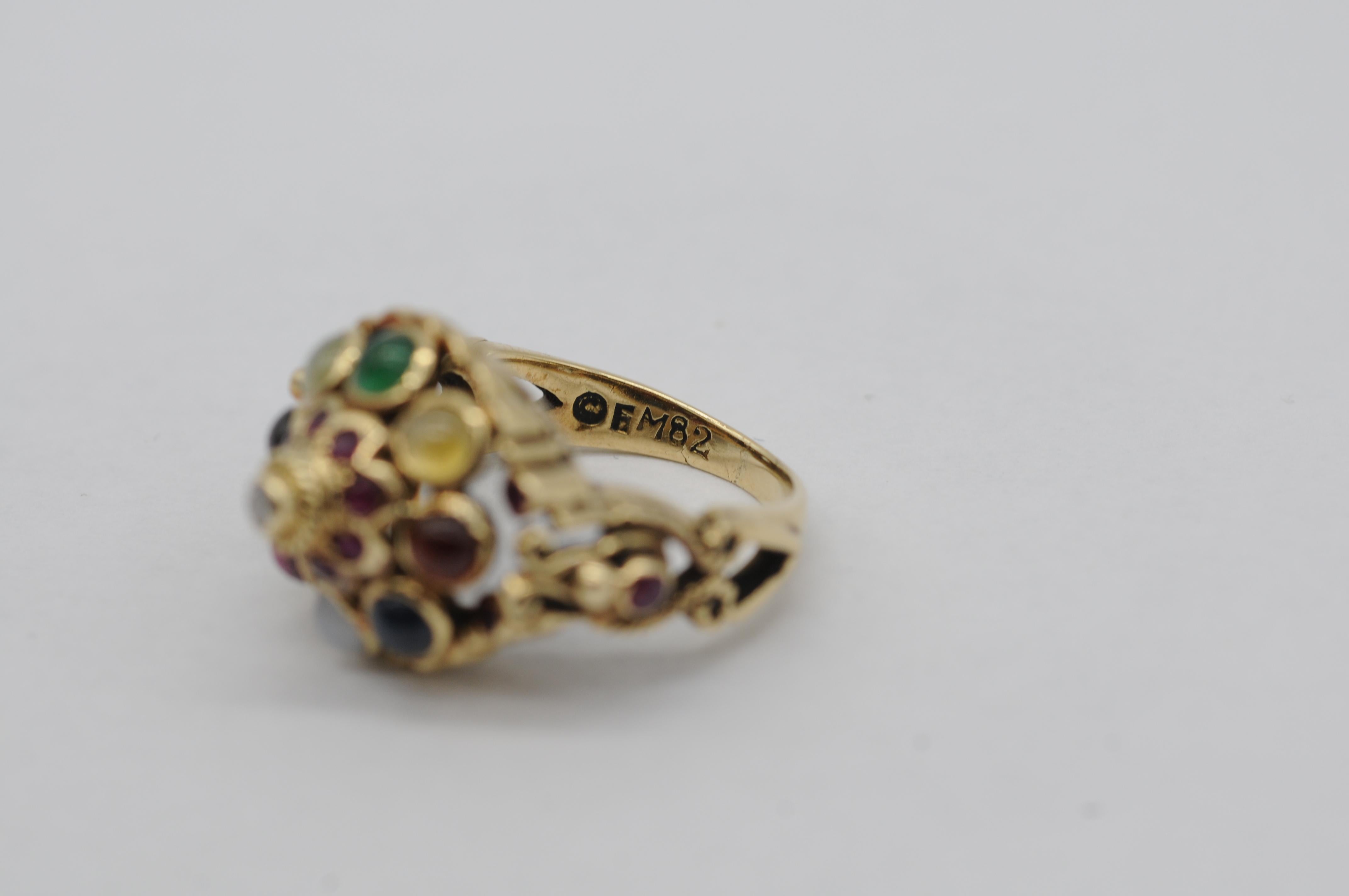 Intricate Oriental Ring with Cabochon Rubies, Sapphires, and Other Gemstones For Sale 13